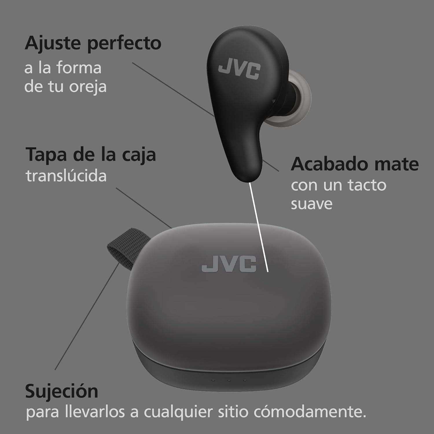 Auricolare JVC nero e custodia di ricarica. Vestibilità perfetta, finitura opaca.