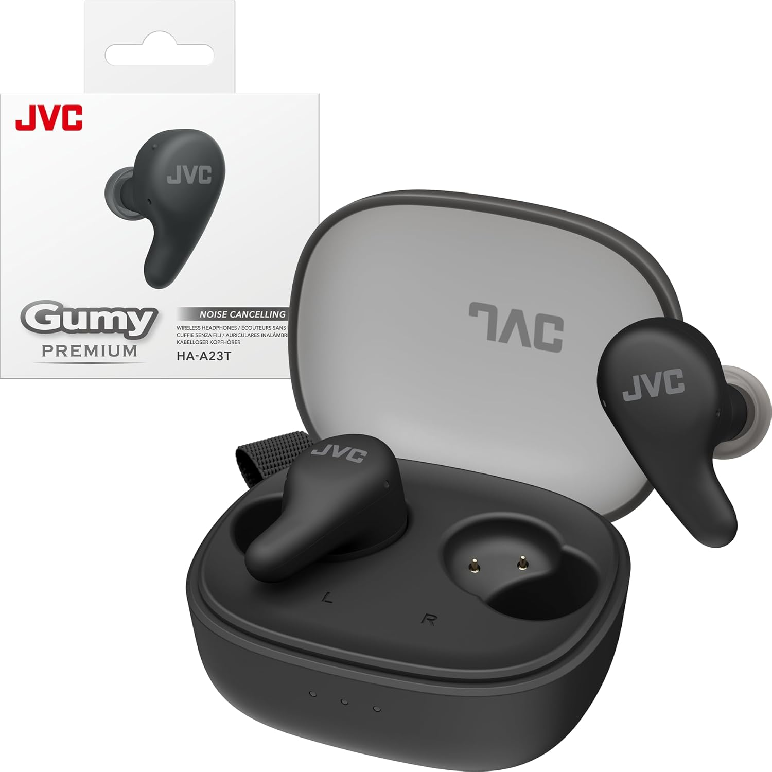 Auricolari wireless JVC Gumy in custodia. Auricolari neri con logo JVC. Modello HA-A23T.