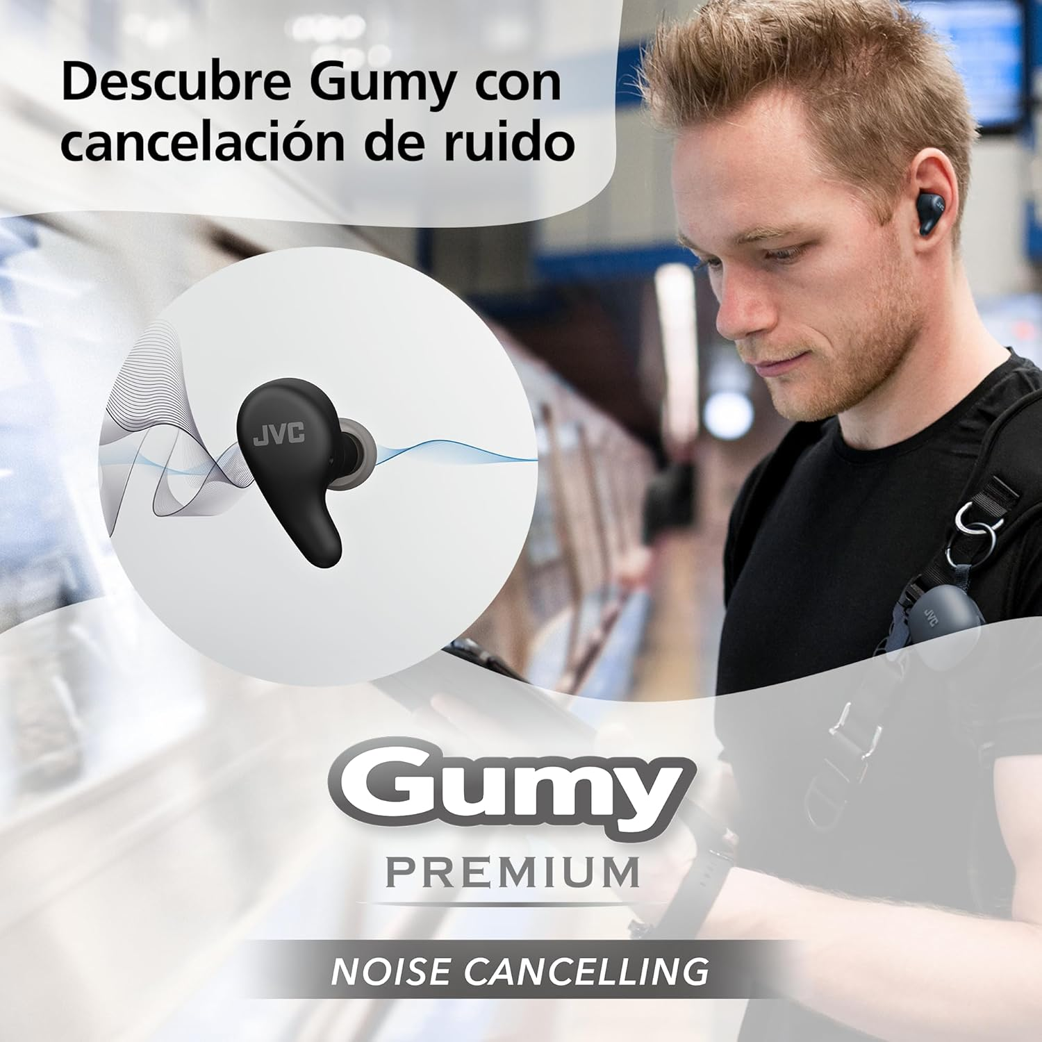 Uomo con cuffie JVC Gumy con cancellazione del rumore.