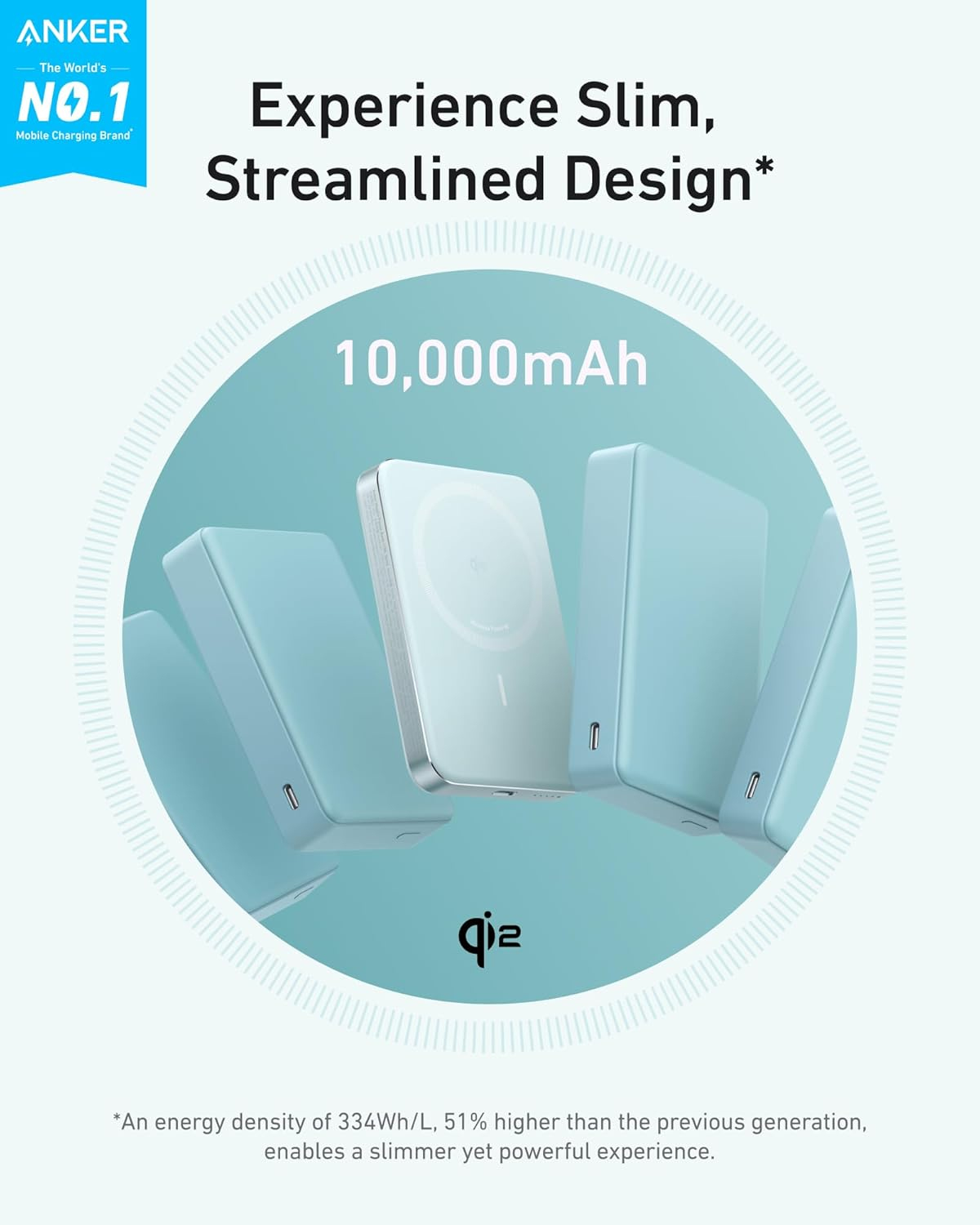 Power bank Anker da 10.000 mAh in azzurro e argento, design sottile.