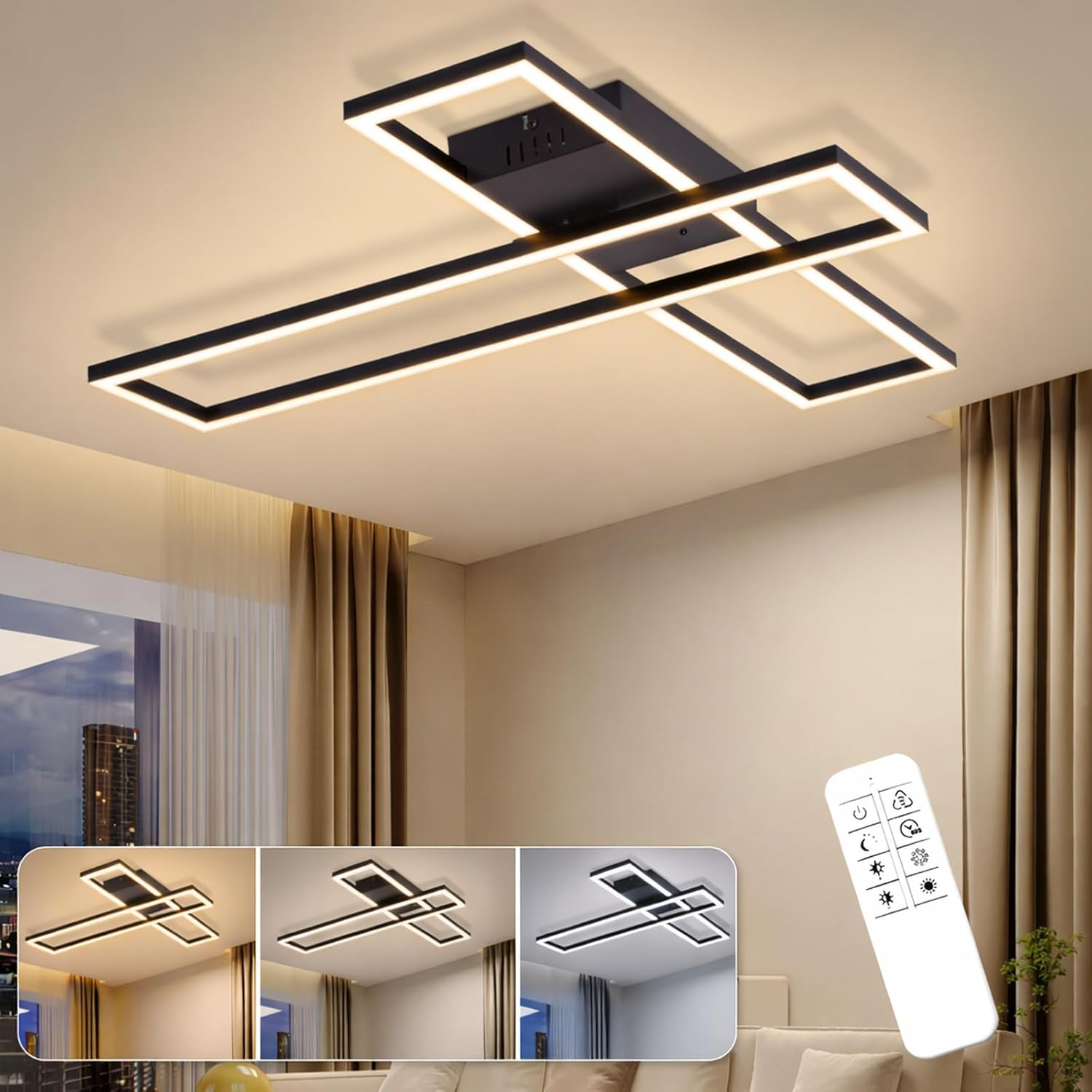 Nowoczesna lampa sufitowa z czarnymi ramkami i oświetleniem LED, obok pilot.