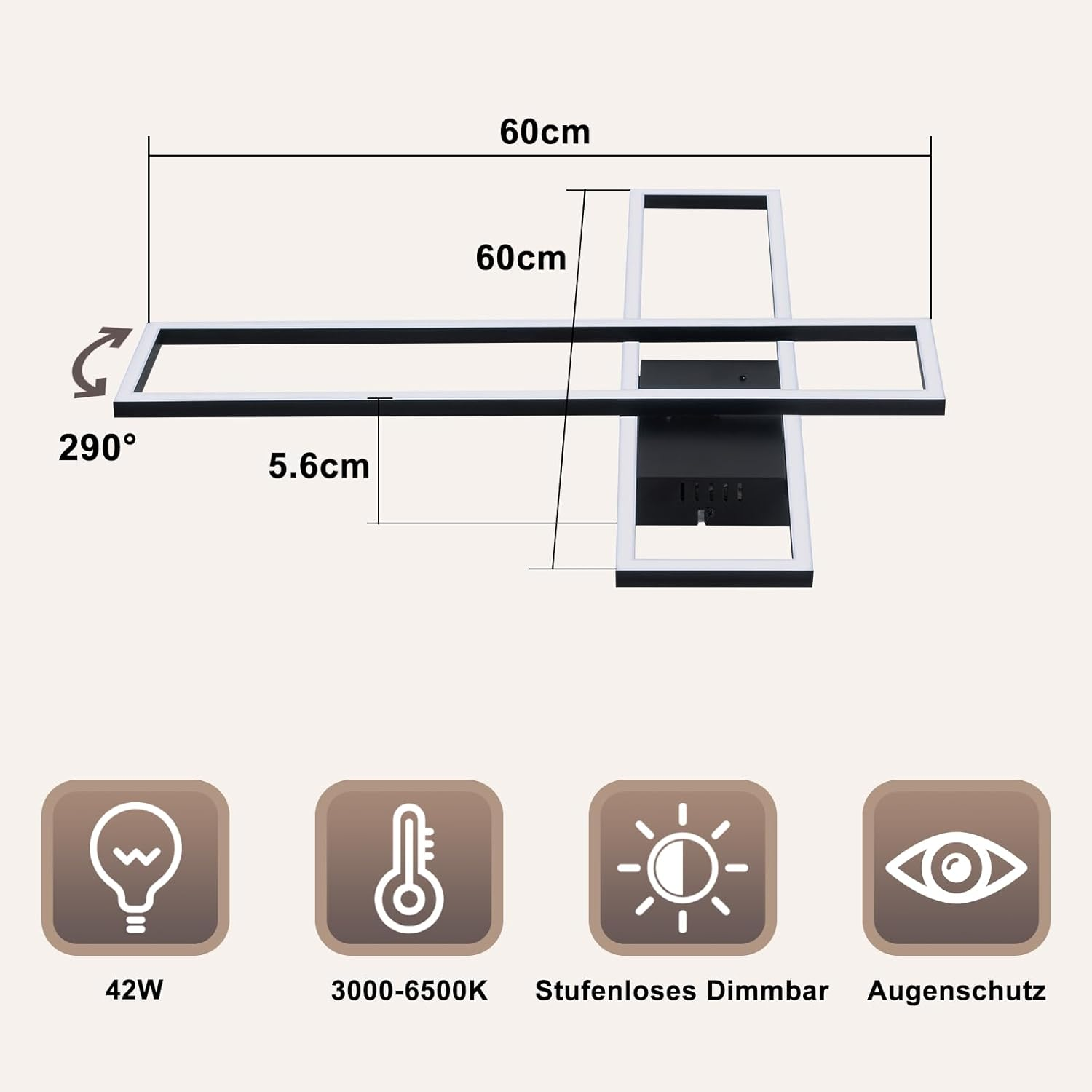 Nowoczesna lampa sufitowa z prostokątną ramą, 60cm, 42W, ściemniana.