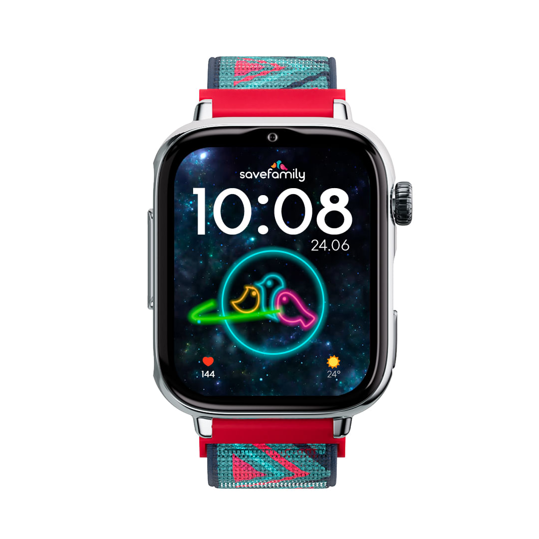 Uno smartwatch con sfondo stellato colorato, orologio digitale 10:08.