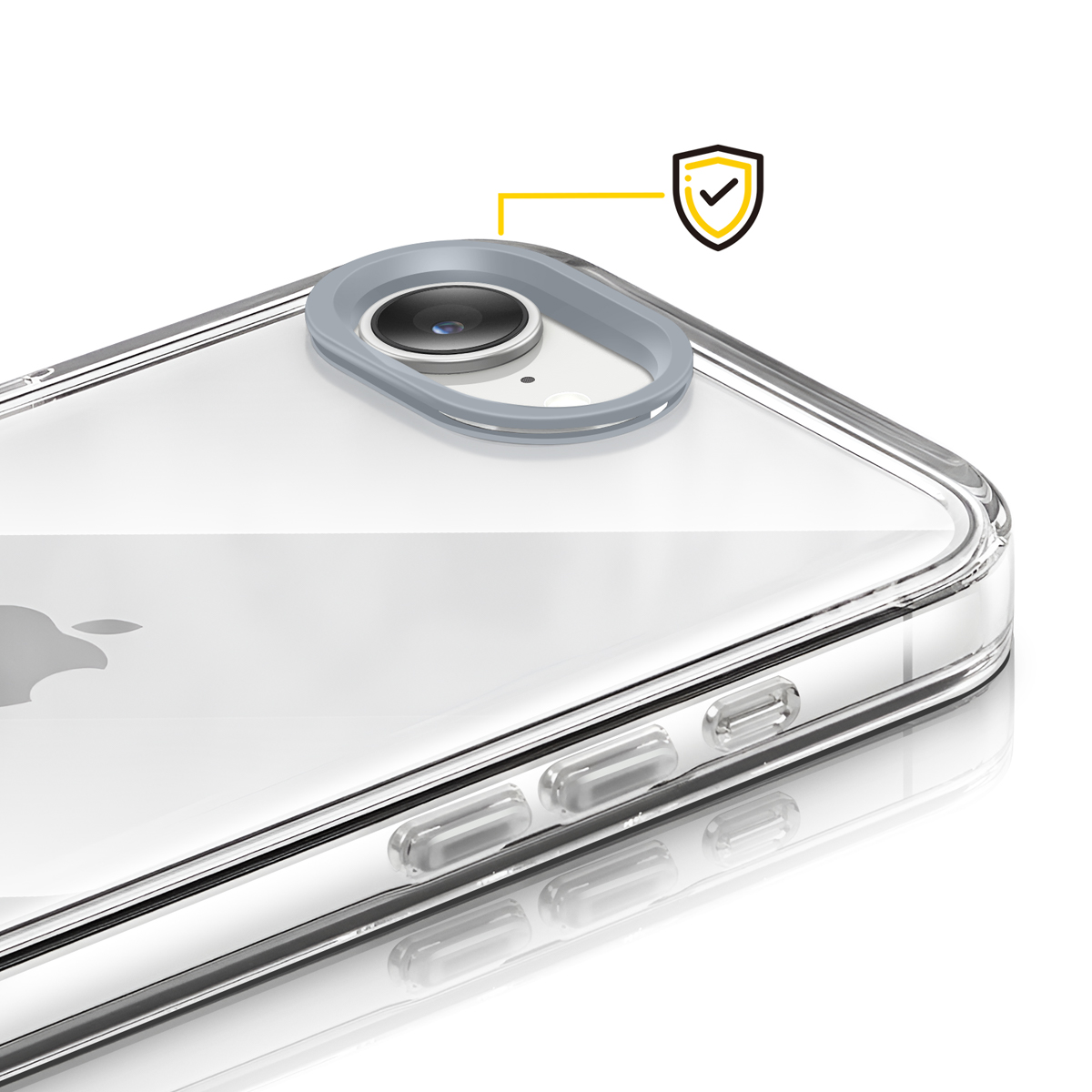 Funda transparente con anillo de cámara e icono de escudo.