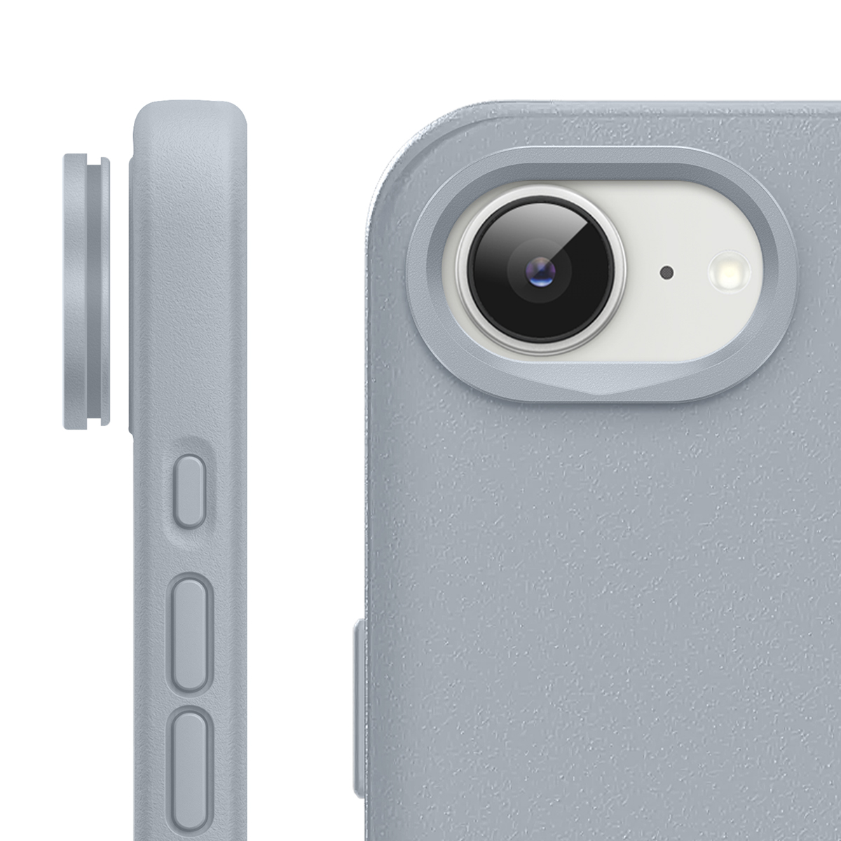 Funda de teléfono gris con recorte de cámara y botones.