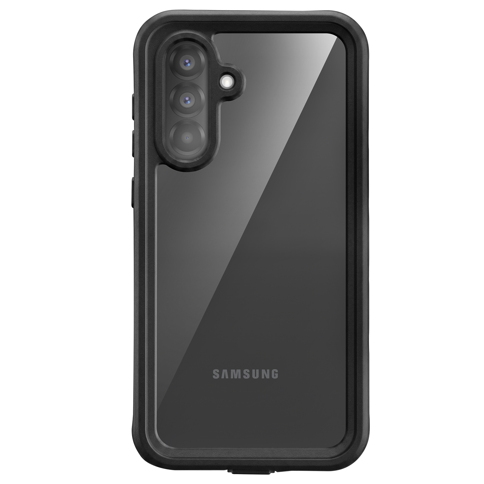 Rückseite eines schwarzen Samsung-Handys in einer Schutzhülle mit drei Kameras.