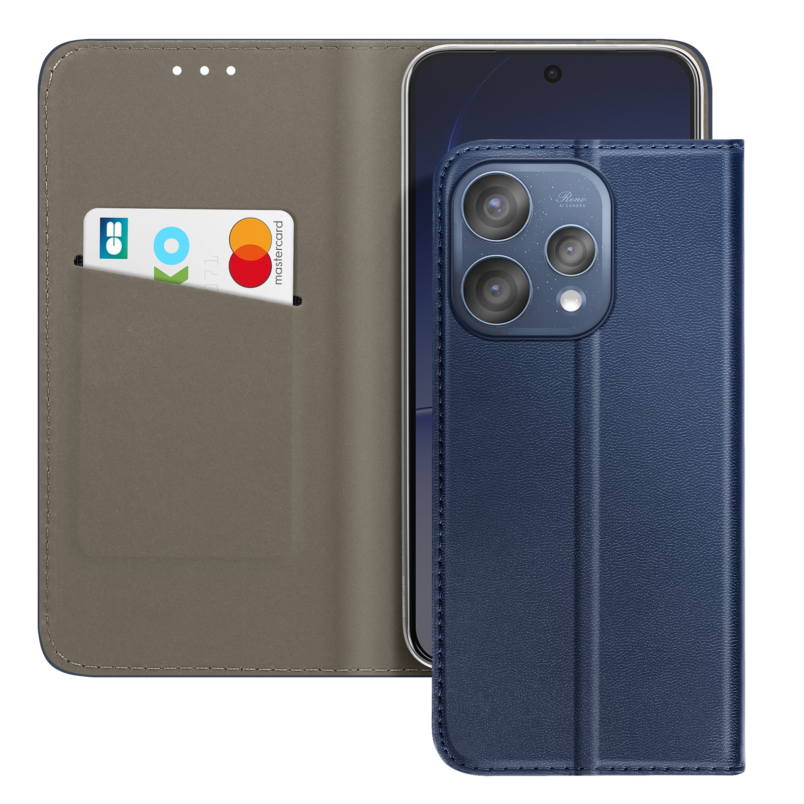 Blaues Handycover mit Kartenfach und Mastercard. Links geöffnet.