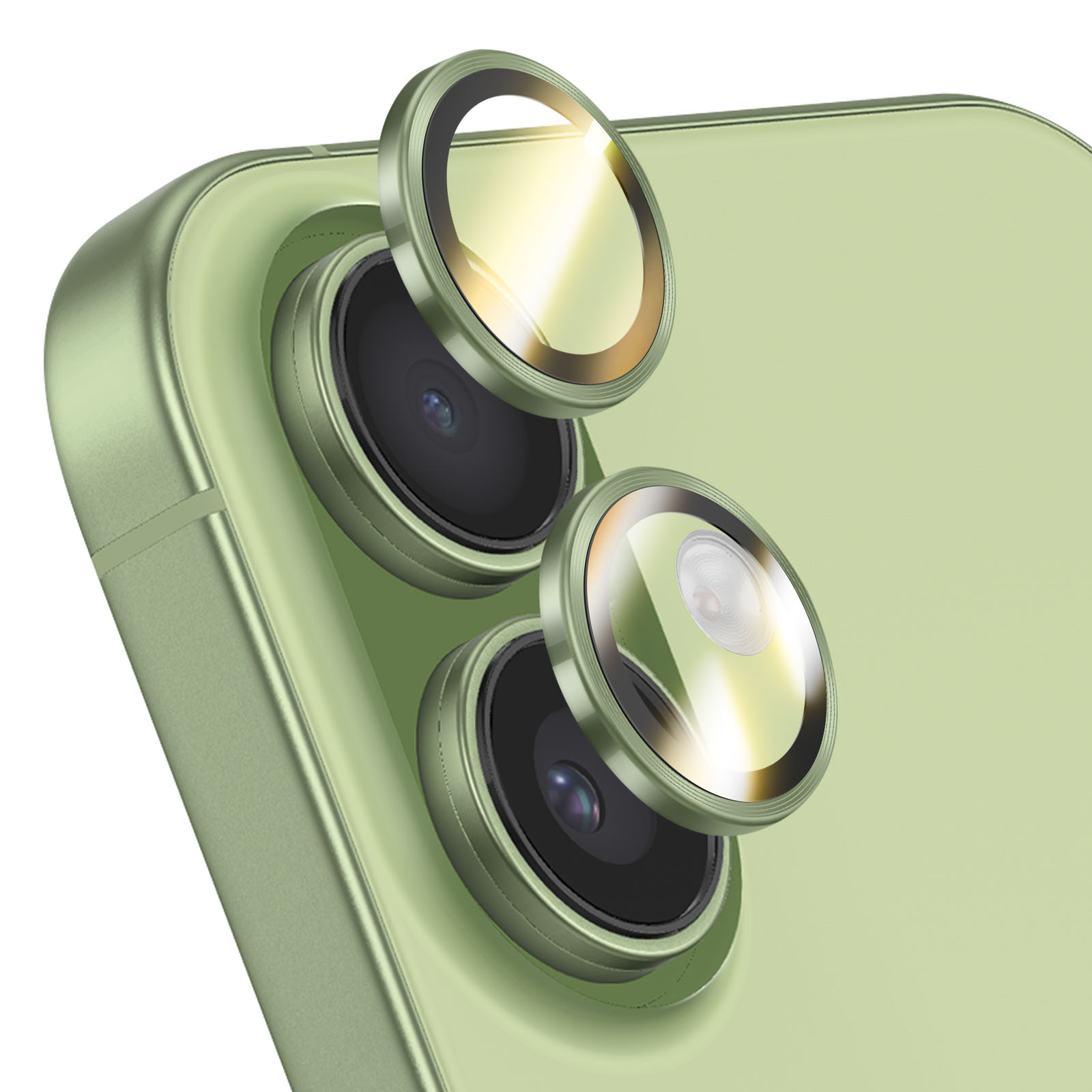 Module caméra smartphone vert avec deux protections d'objectif détachées.