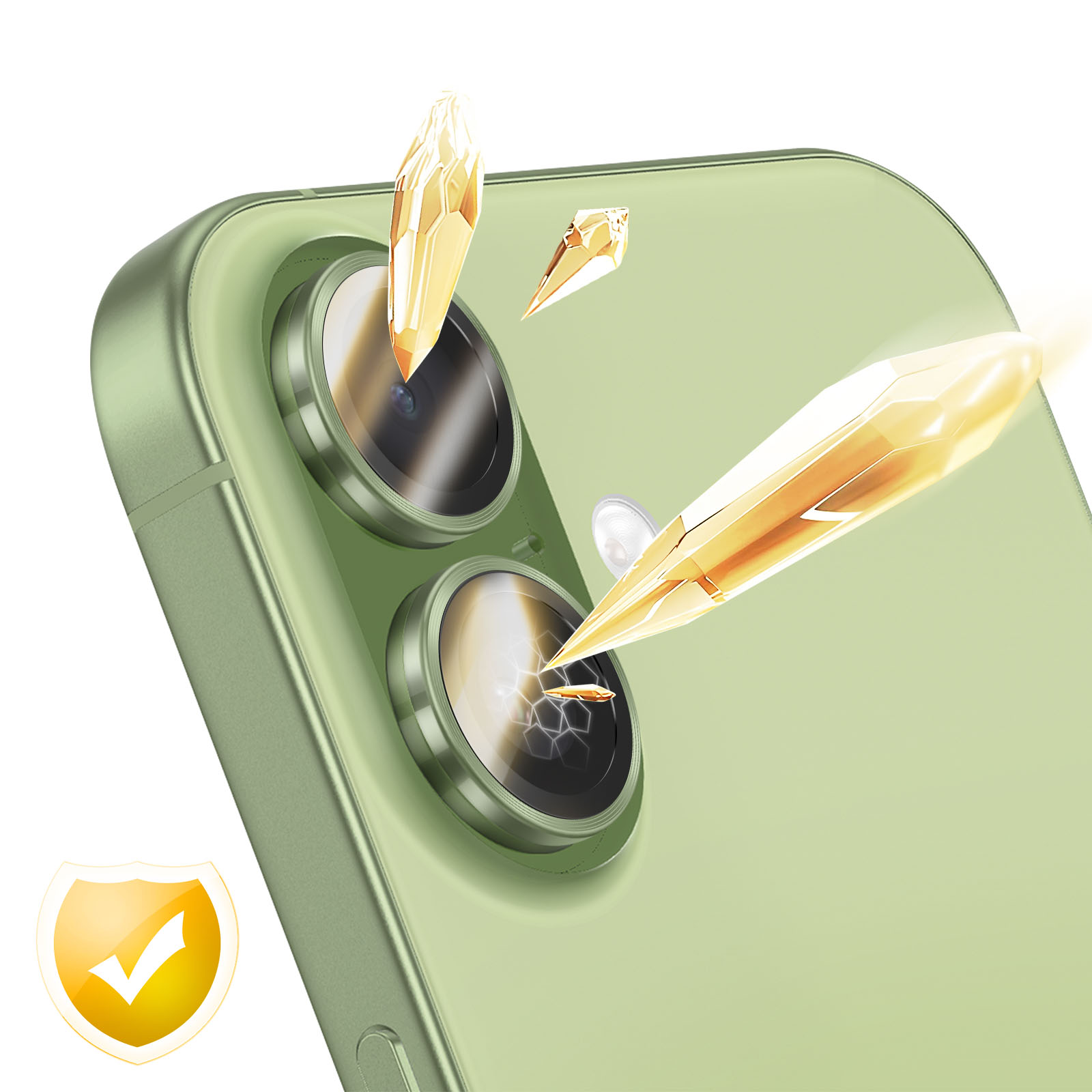 Smartphone vert avec objectifs photo, entouré de formes cristallines.