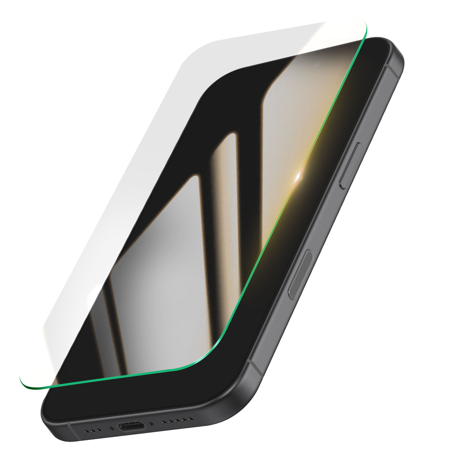 Een doorzichtige screenprotector ligt op een zwarte smartphone.