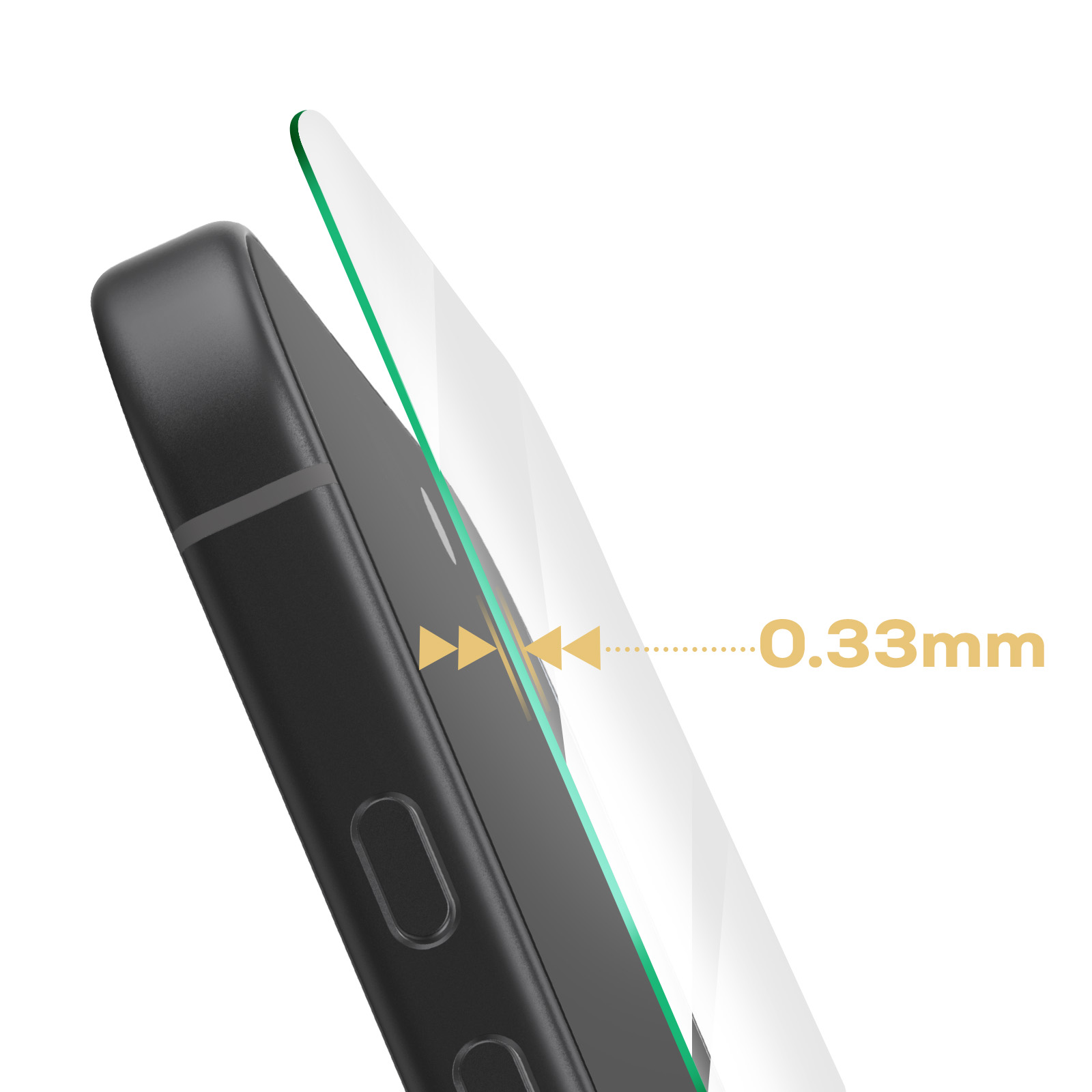 Close-up van een zwarte telefoonhoes met 0,33 mm glazen screenprotector.
