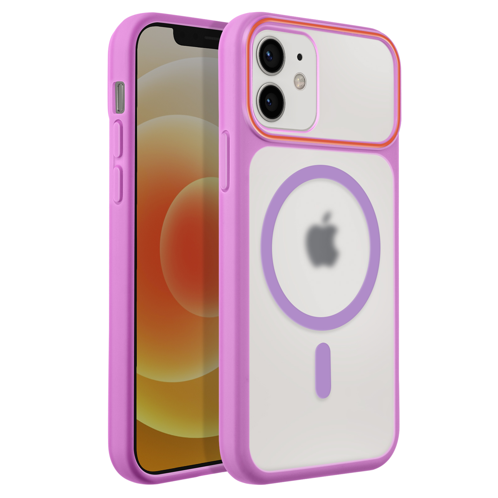 Ein lilafarbenes iPhone-Case mit MagSafe-Ring und Kameraschutz.