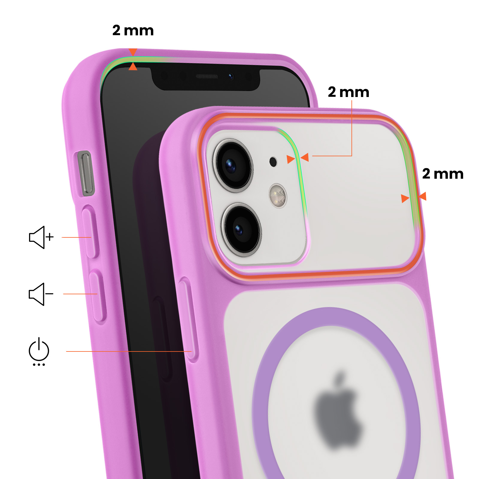 Lila Hülle mit 2mm Rand, zeigt Lautstärke- und Power-Buttons.