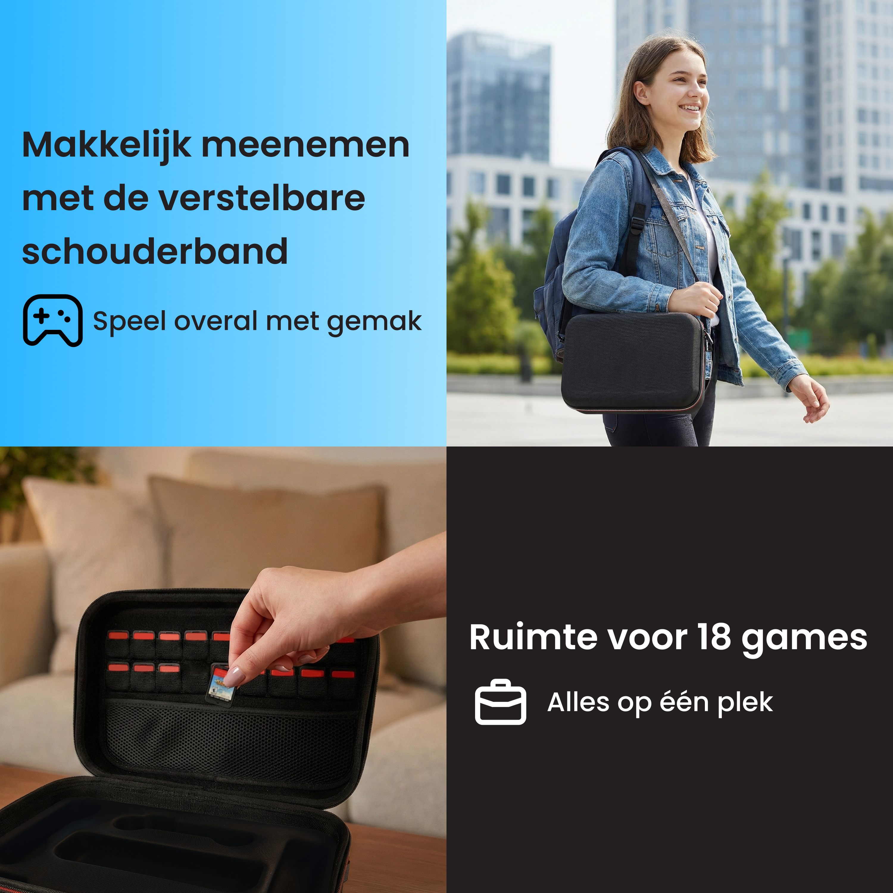 Une fille porte un sac, une main insère une cartouche de jeu dans un étui.