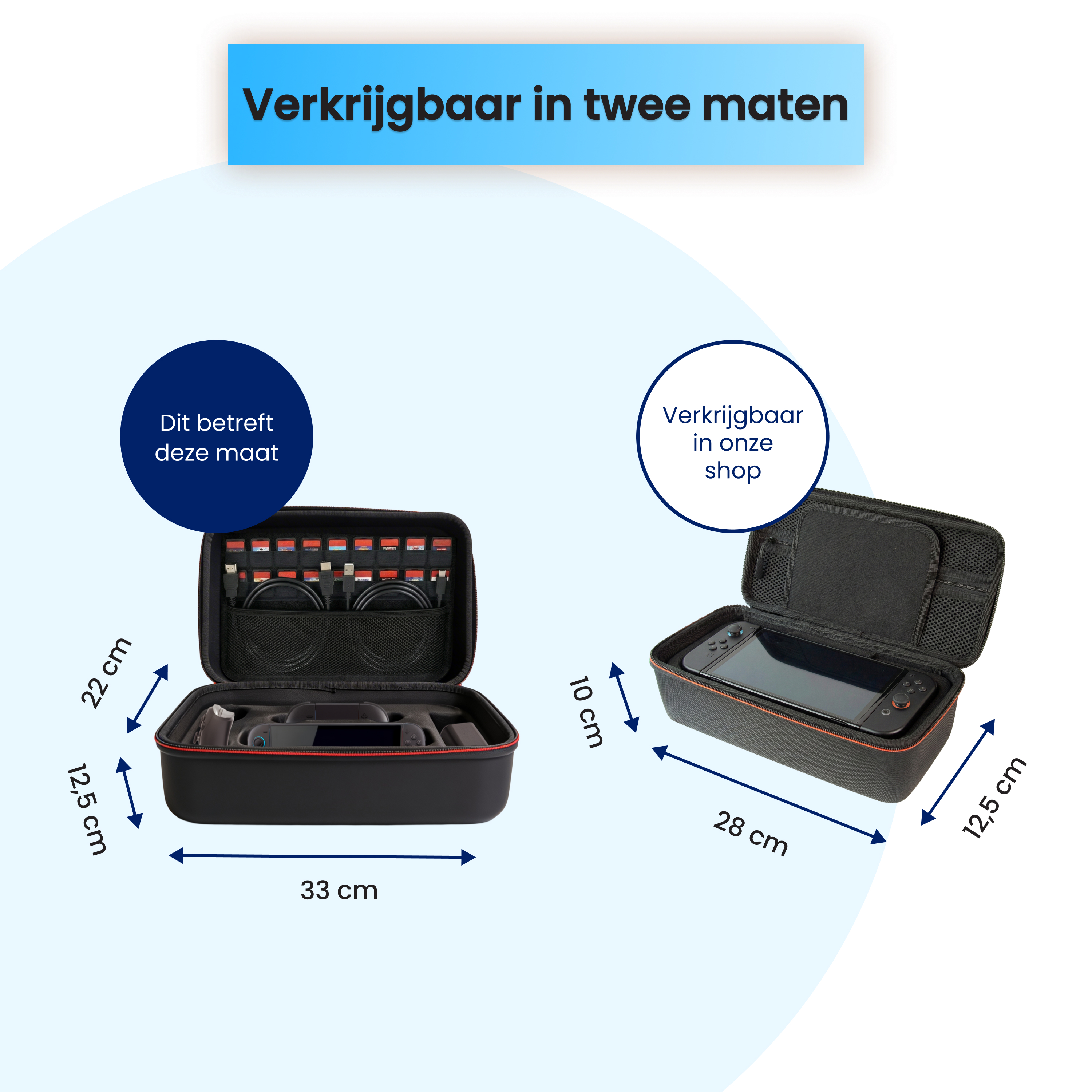 Deux étuis noirs avec consoles et accessoires. Les dimensions sont indiquées.
