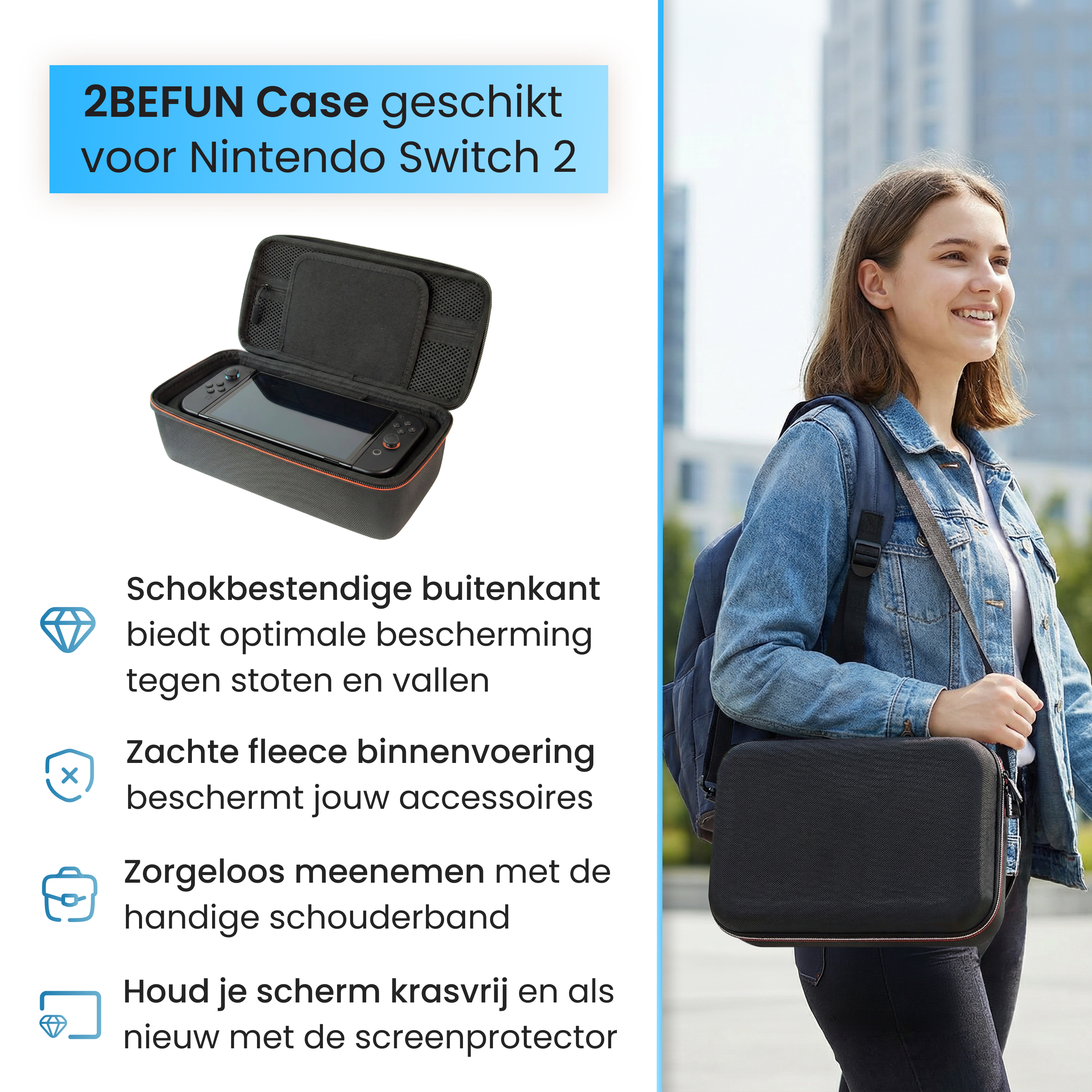Une fille porte une housse pour Nintendo Switch 2; antichoc, doublure douce, bandoulière.