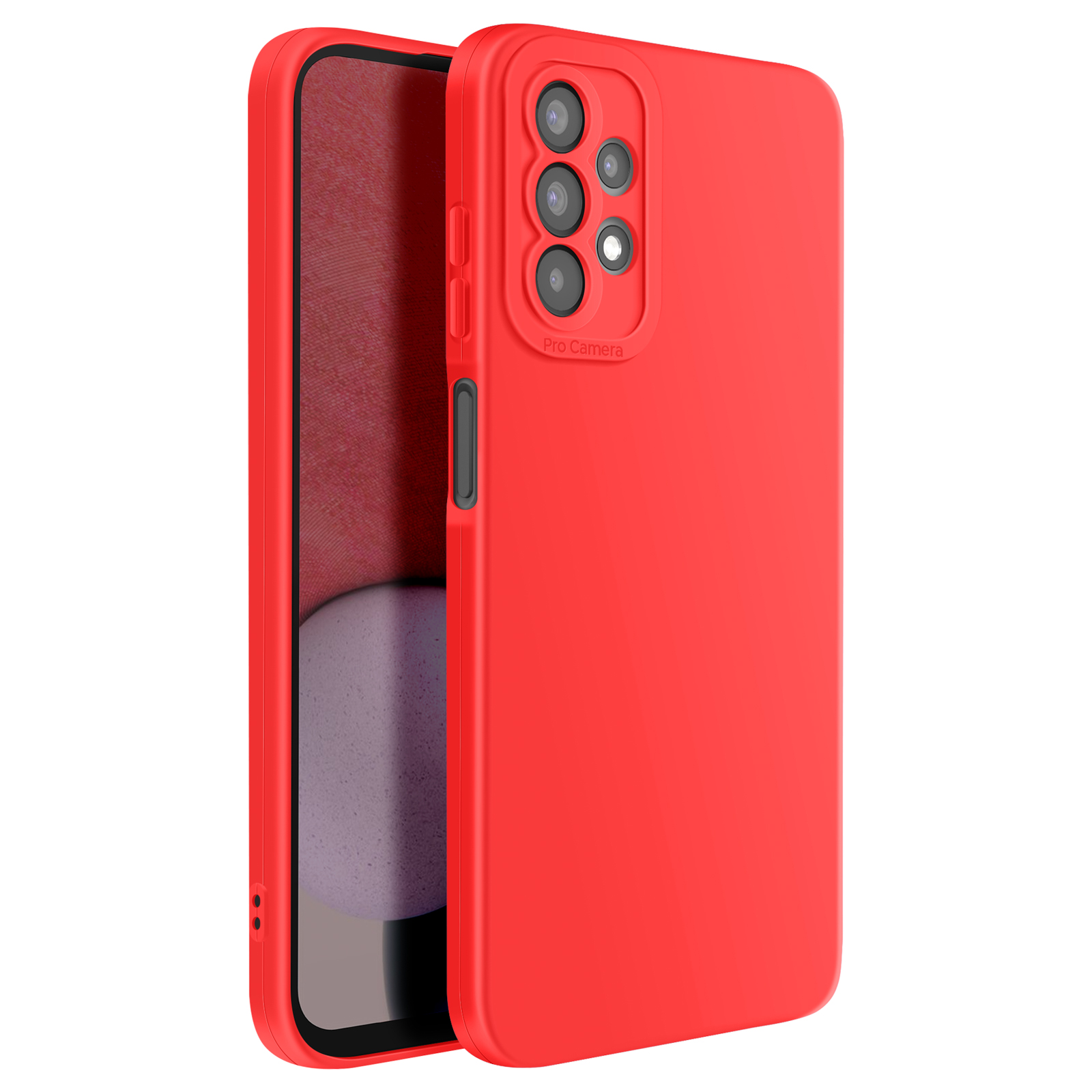 Coque de téléphone rouge avec module caméra et boutons, sur fond blanc.