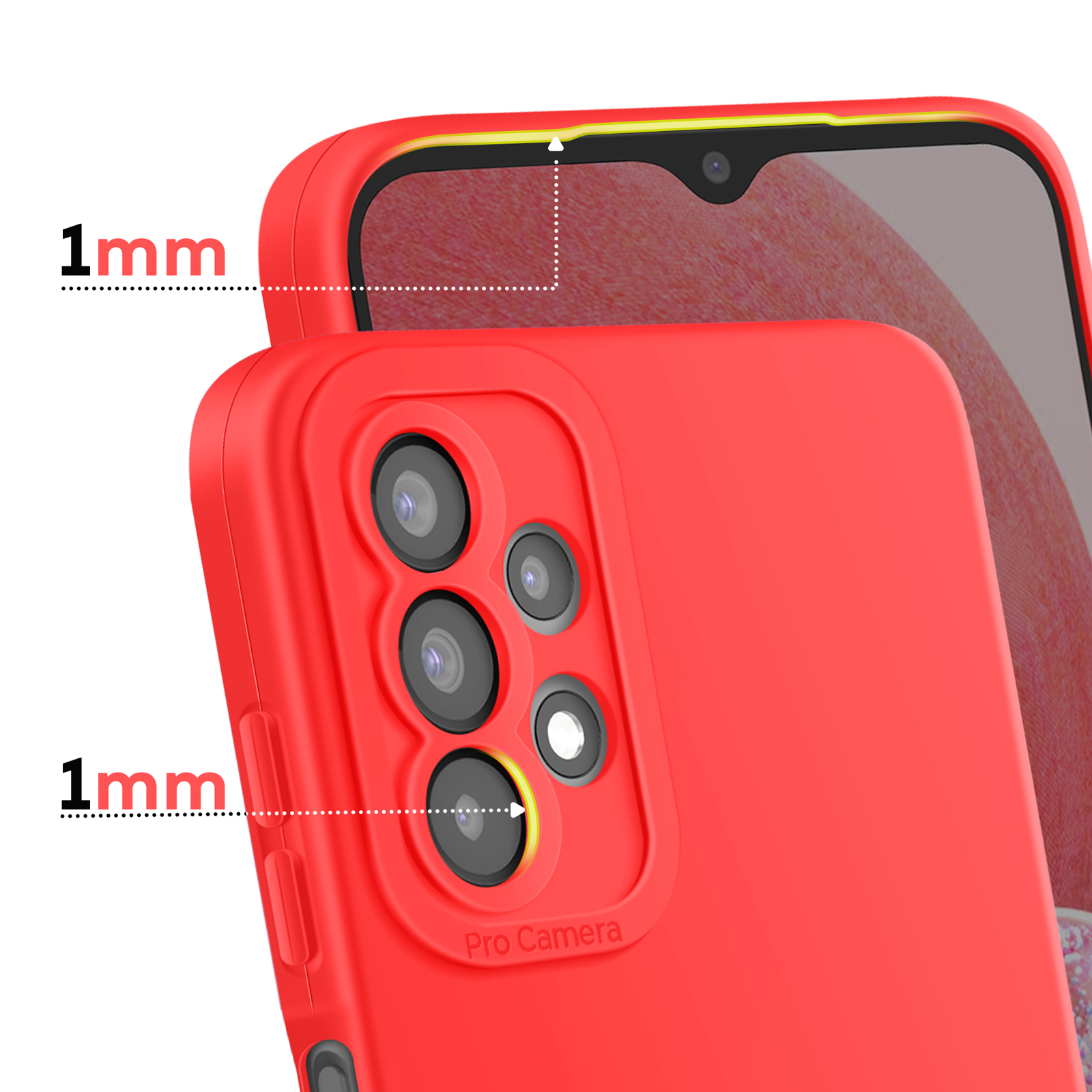 Coque de téléphone rouge avec bords surélevés de 1mm autour de la caméra.