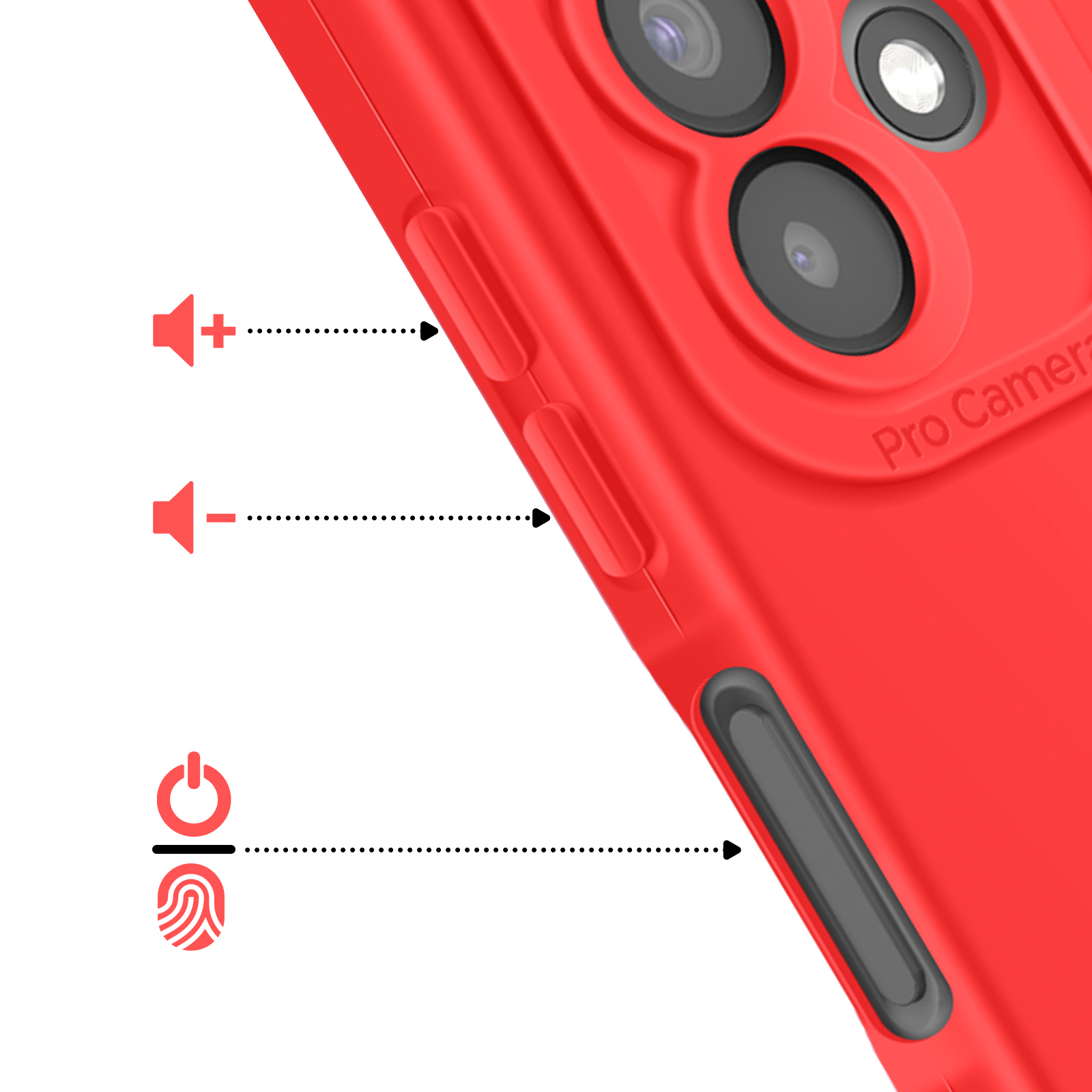 Coque de téléphone rouge avec appareil photo, boutons volume et capteur.