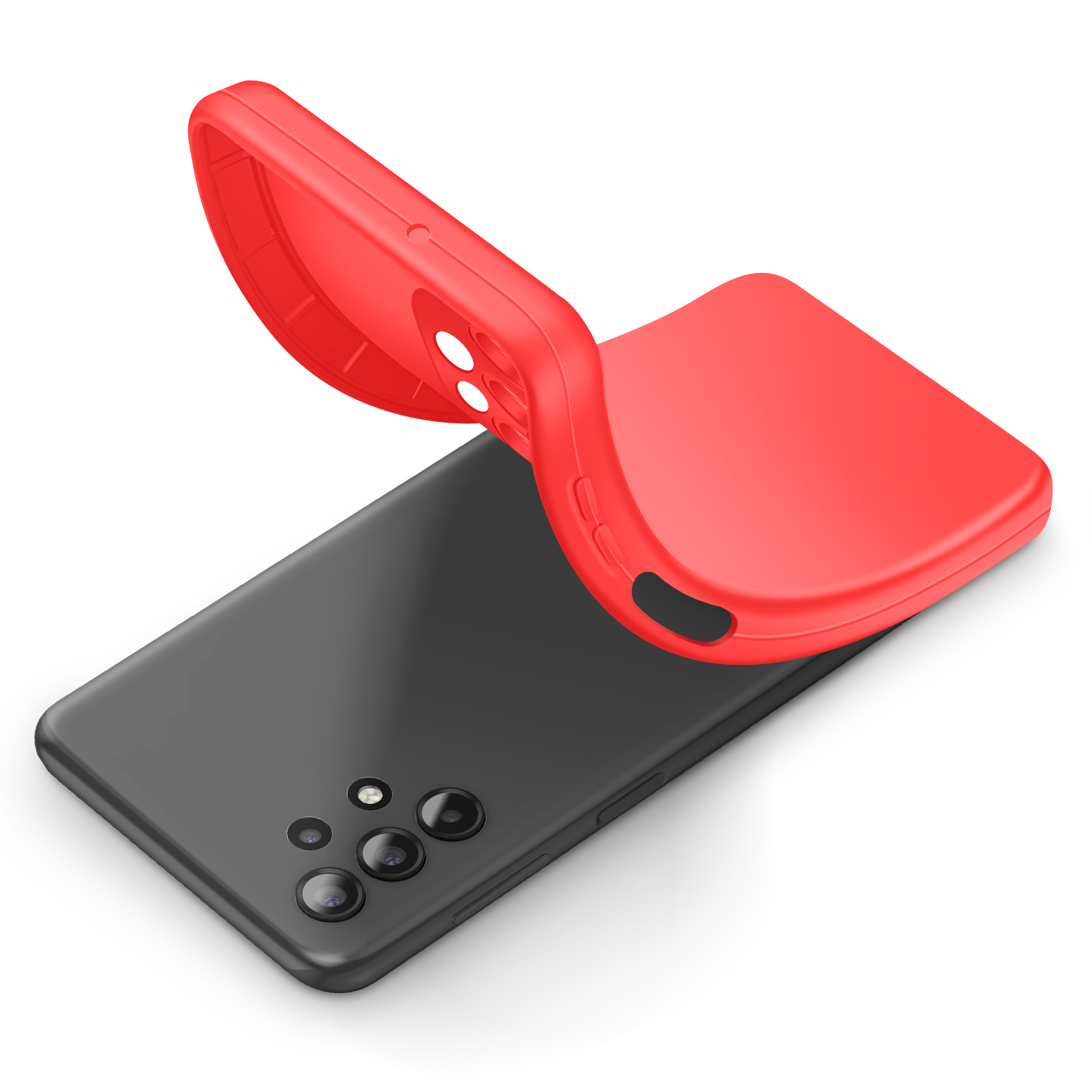 Une coque de téléphone rouge est placée sur un smartphone noir.