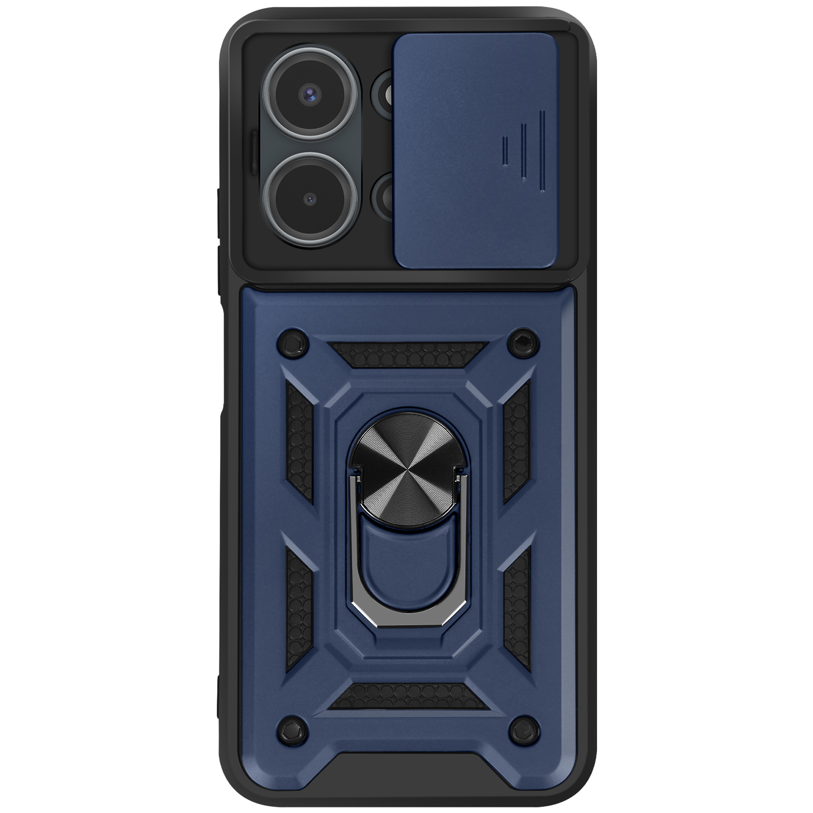 Coque de téléphone bleu foncé avec cache-objectif, support bague et accents texturés.