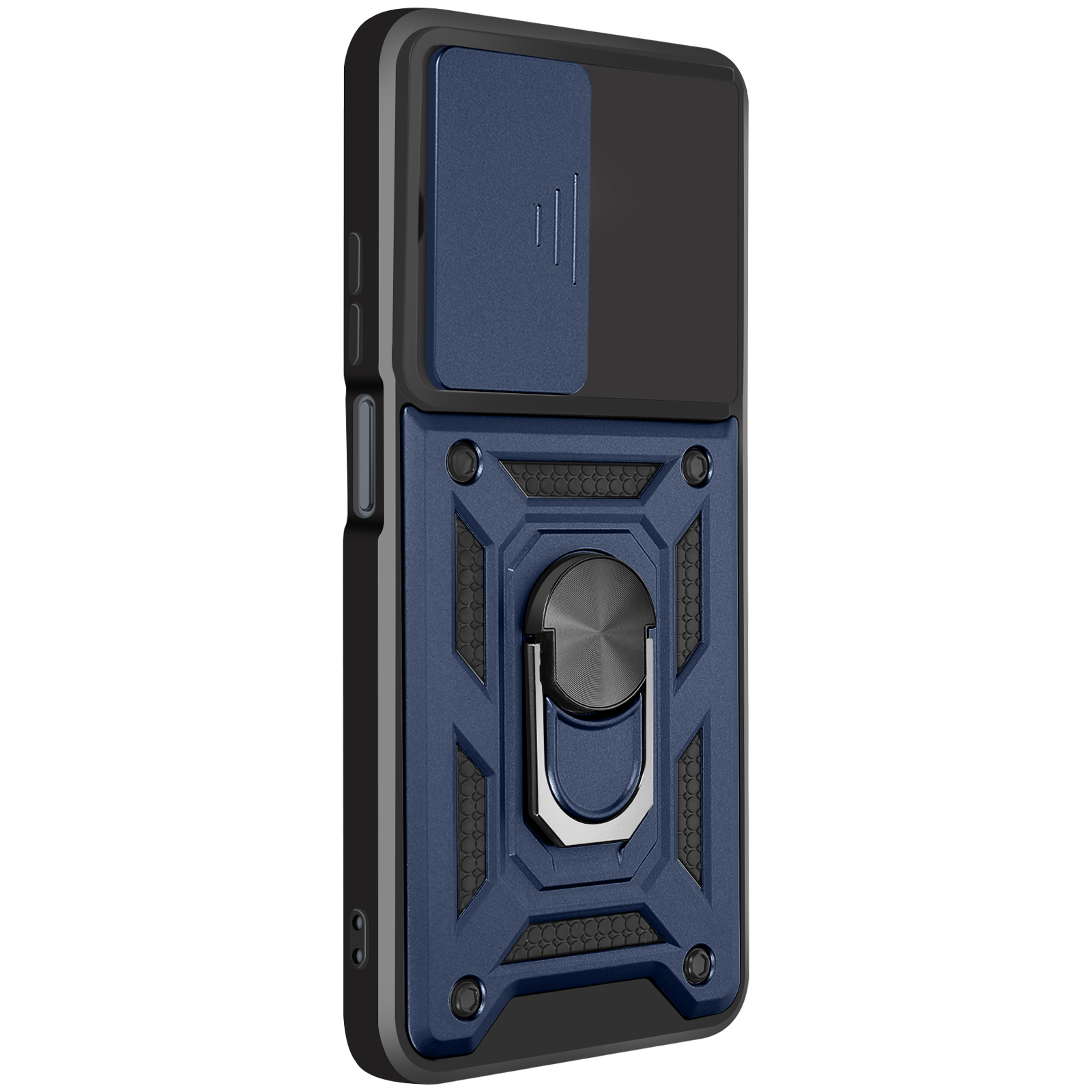 Coque de téléphone bleu foncé avec cache coulissant pour appareil photo et anneau.
