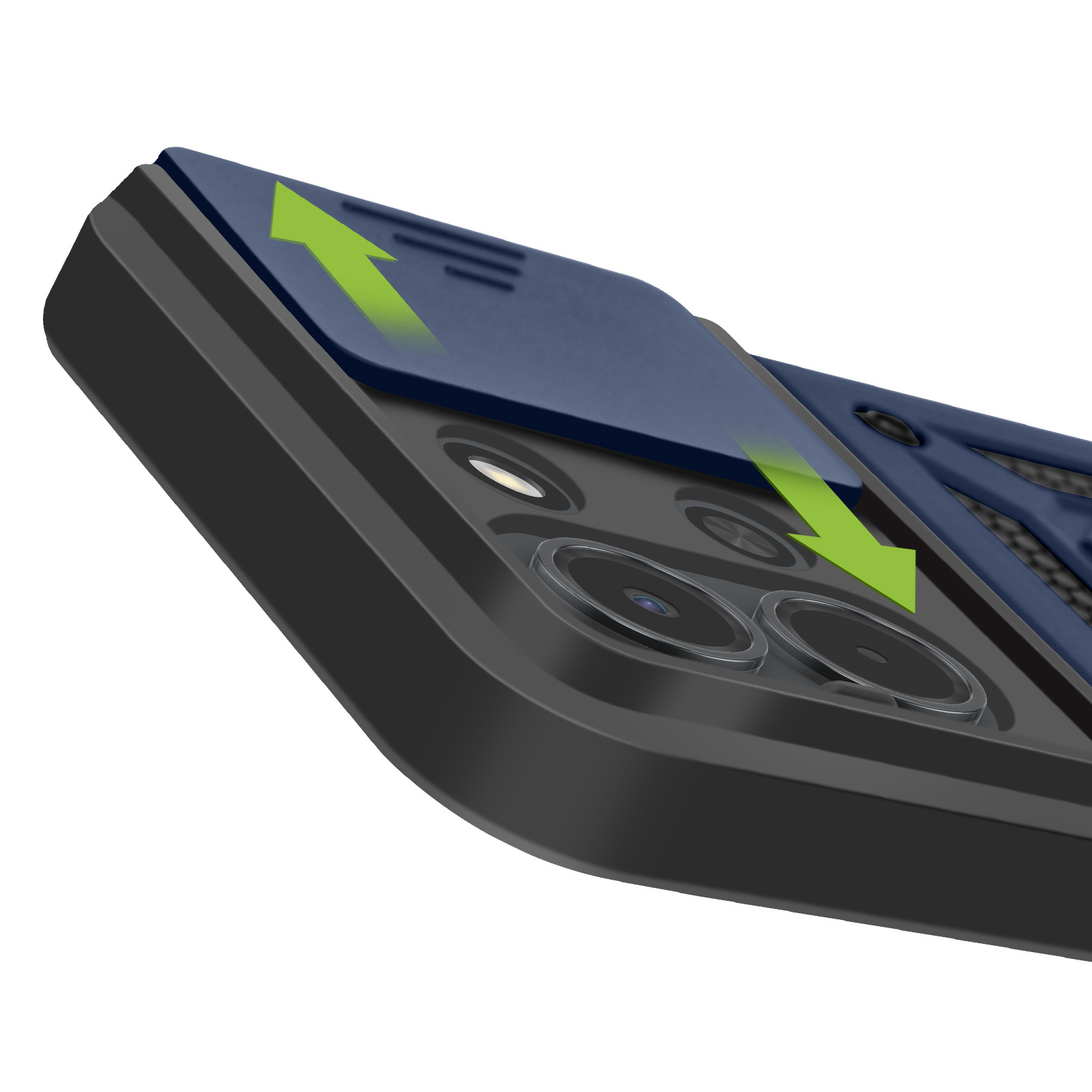 Coque de téléphone avec curseur pour objectifs de caméra. Flèches indiquent le mouvement.