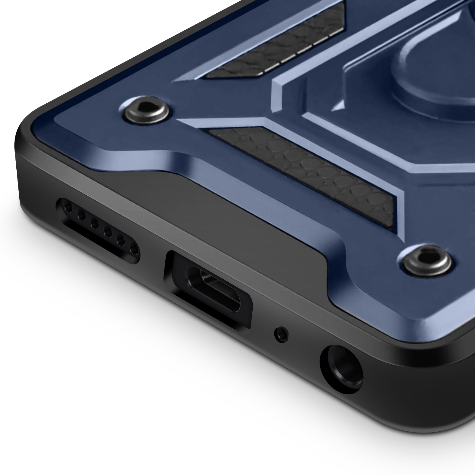 Coque de téléphone bleu foncé avec accents noirs et vis métalliques.