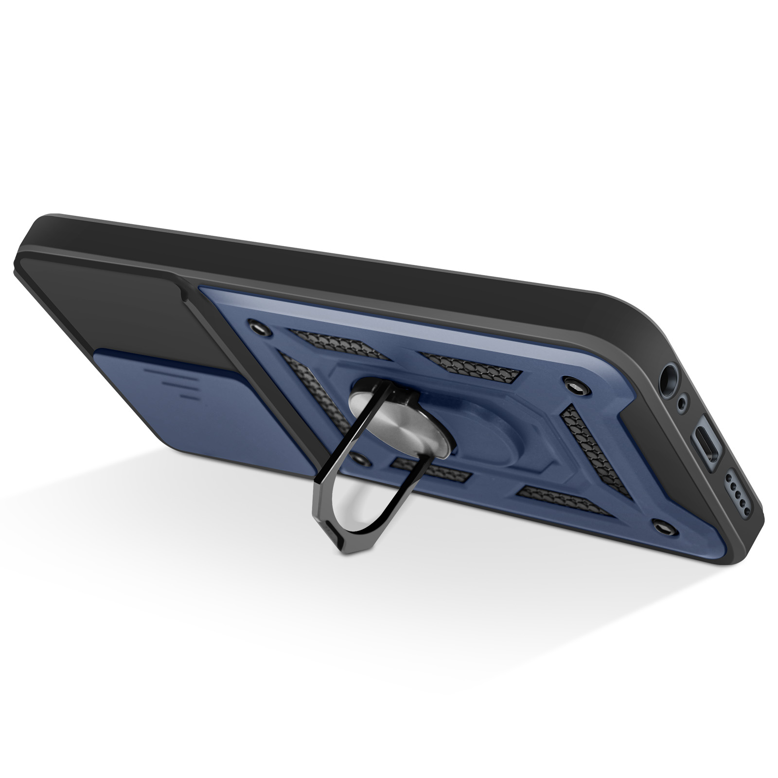 Coque bleue pour téléphone avec support anneau, bordure noire, sur fond blanc.