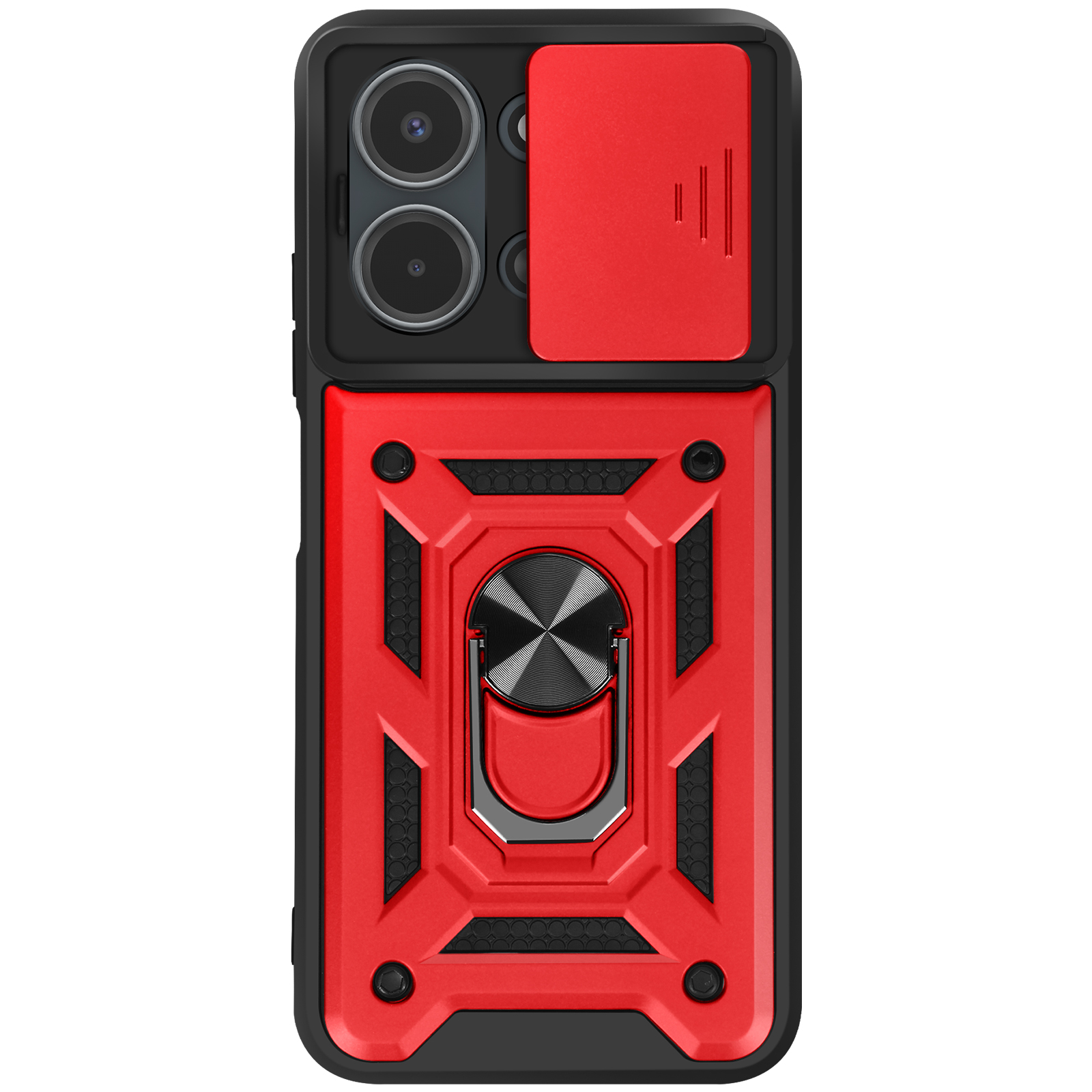Rood en zwart telefoonhoesje met camerabeschermer en ringhouder.