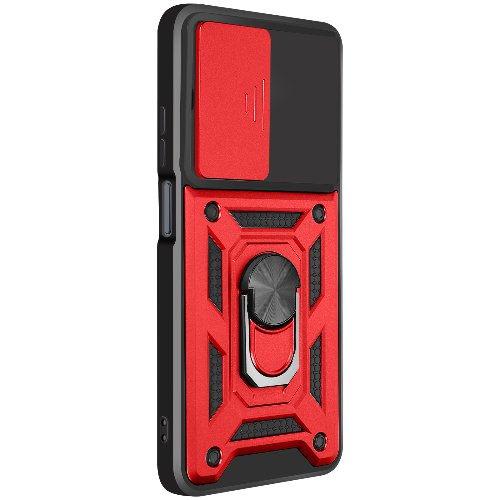 Rood en zwart telefoonhoesje met schuifmechanisme en ringhouder.