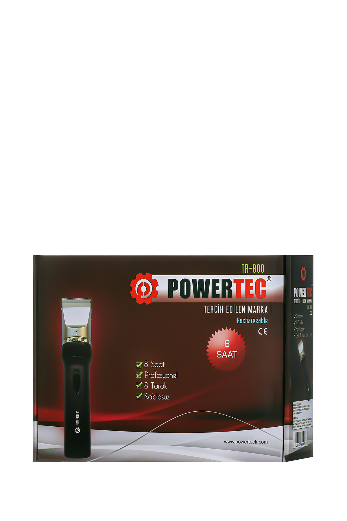 Siyah Powertec saç kesme makinesi, üzerinde gümüş üst kısım, kahverengi kutuda.
