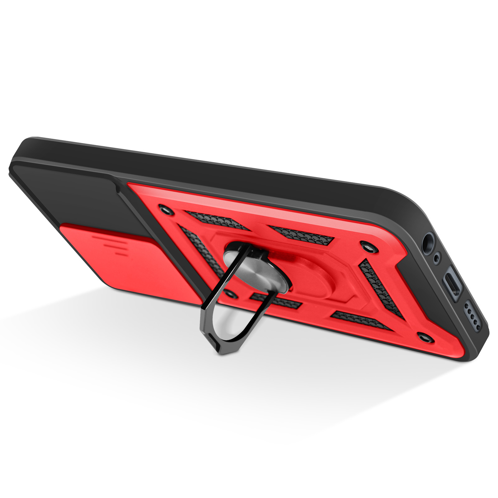 Zwarte telefoonhoes met rode inzet en ringhouder.