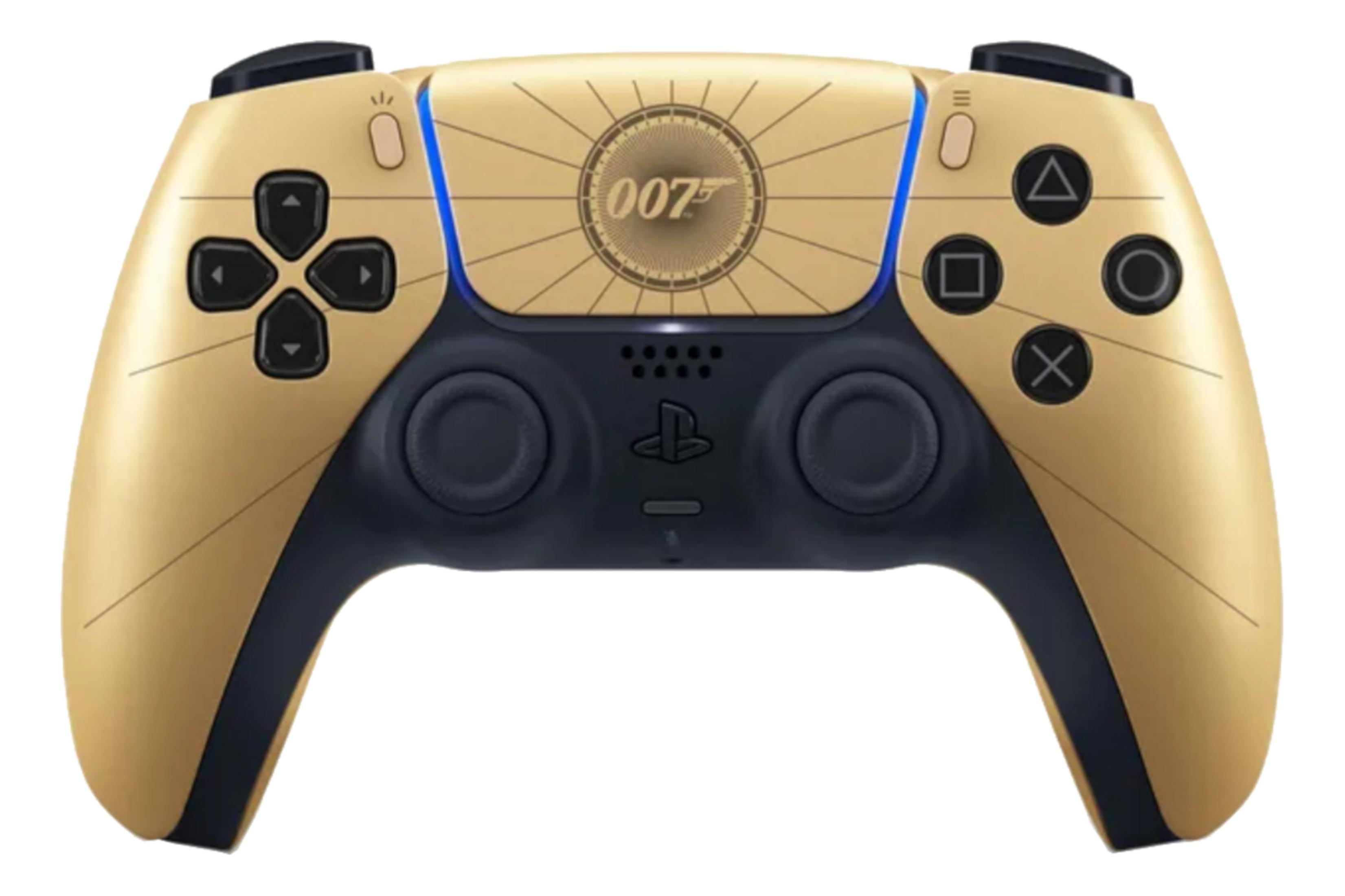 Controller PlayStation dorato con logo 007 e accenti scuri.