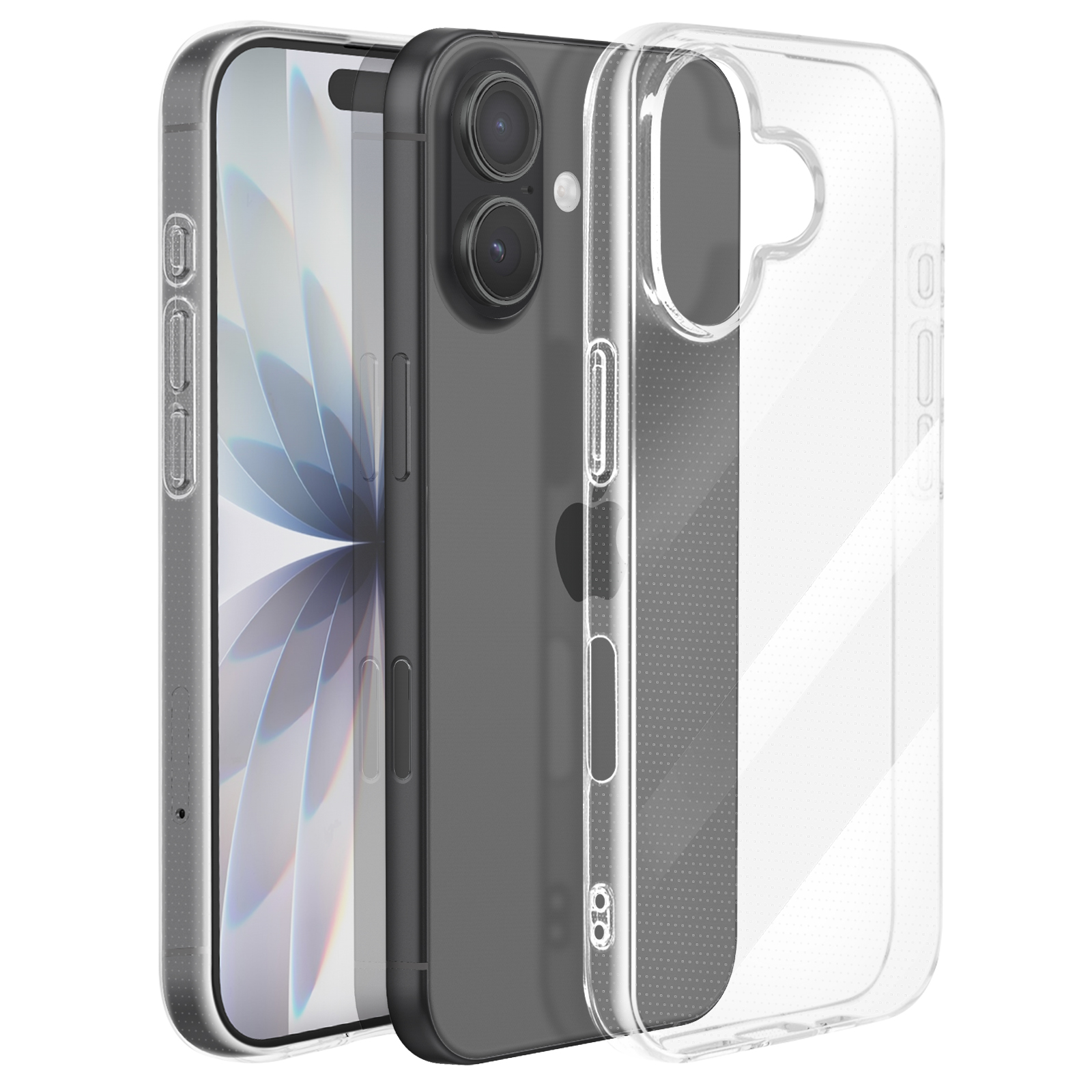 Een donkere smartphone met camera's naast een doorzichtige telefoonhoes.