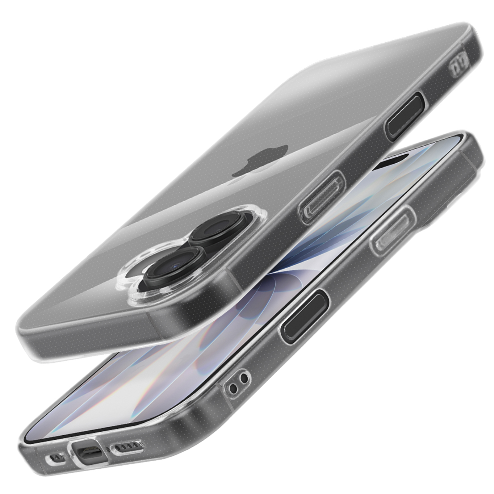 Doorzichtige telefoonhoes met open ontwerp, onthult de telefoon en zijn camera's.