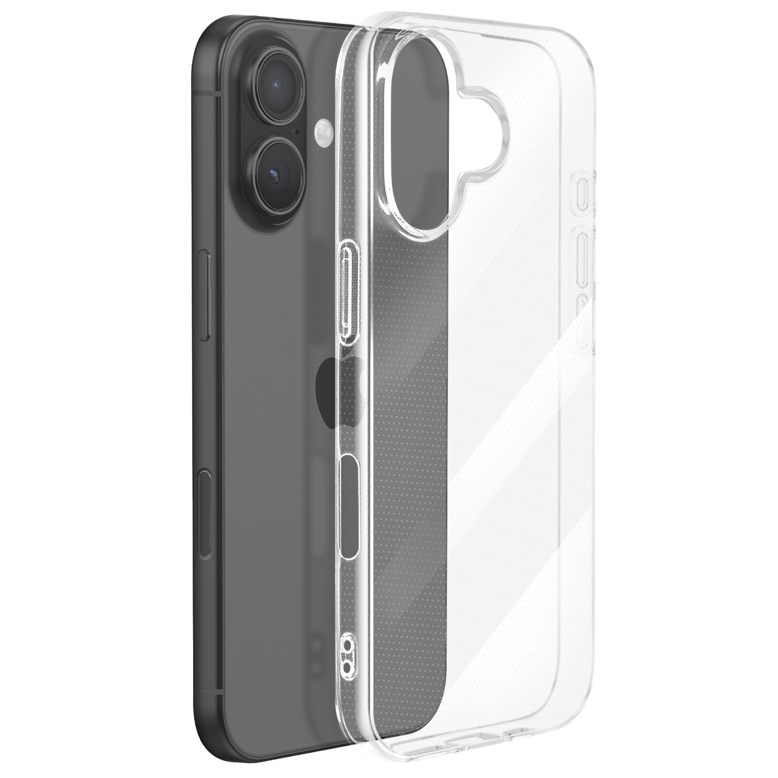 Een donkere smartphone naast een doorzichtige beschermhoes.