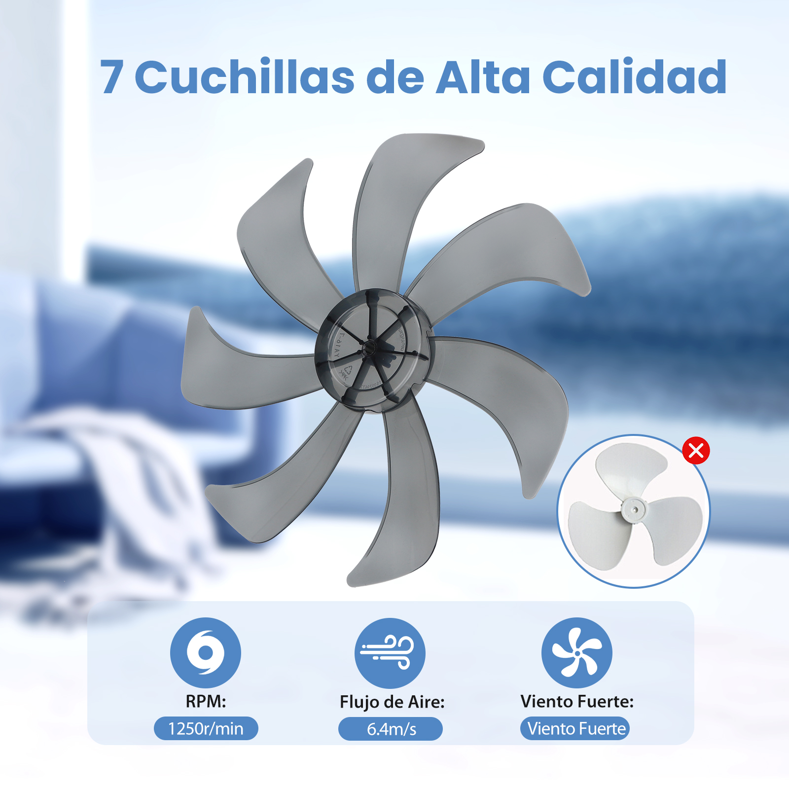Un impulsor de ventilador de 7 aspas gris con especificaciones.