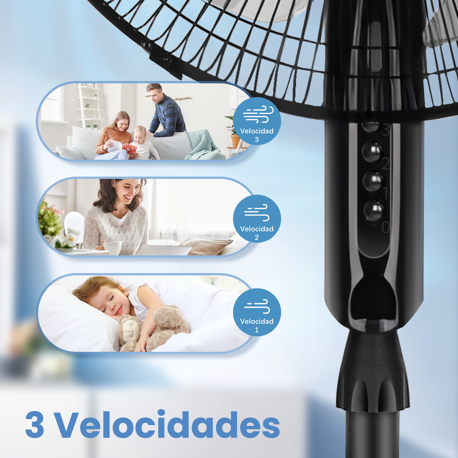 Un ventilador con tres velocidades, mostrando familias, mujeres y niños.