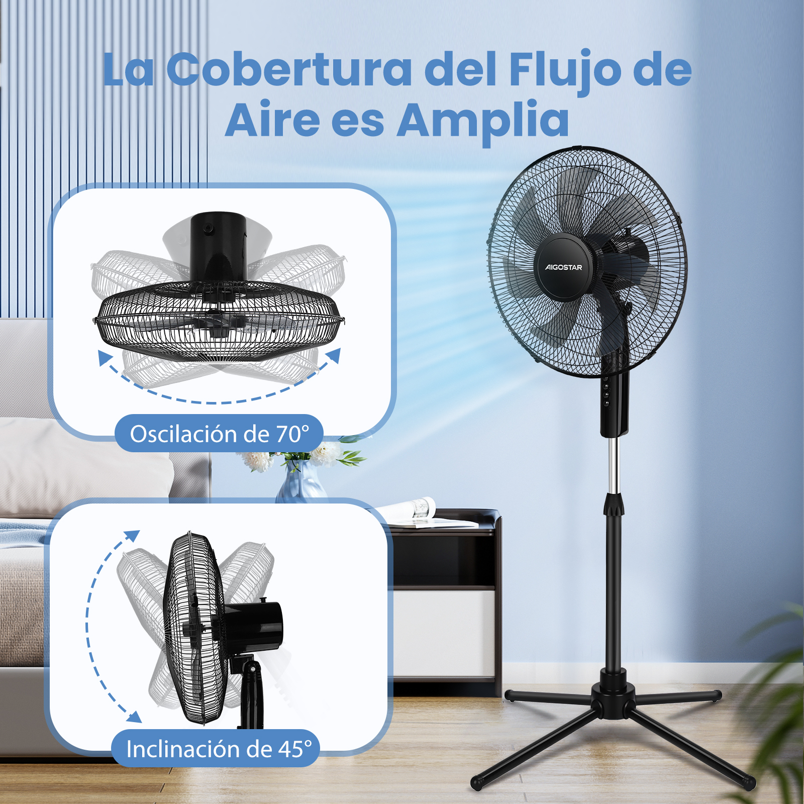 Un ventilador de pie negro con indicadores de oscilación y ángulo de inclinación.