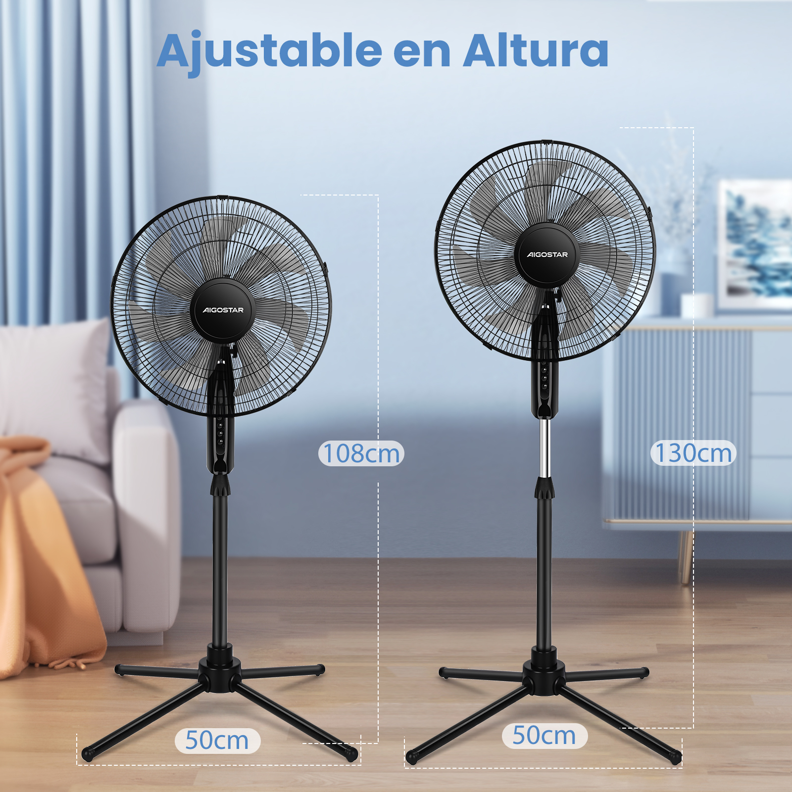 Dos ventiladores negros de pie con altura ajustable en una sala.