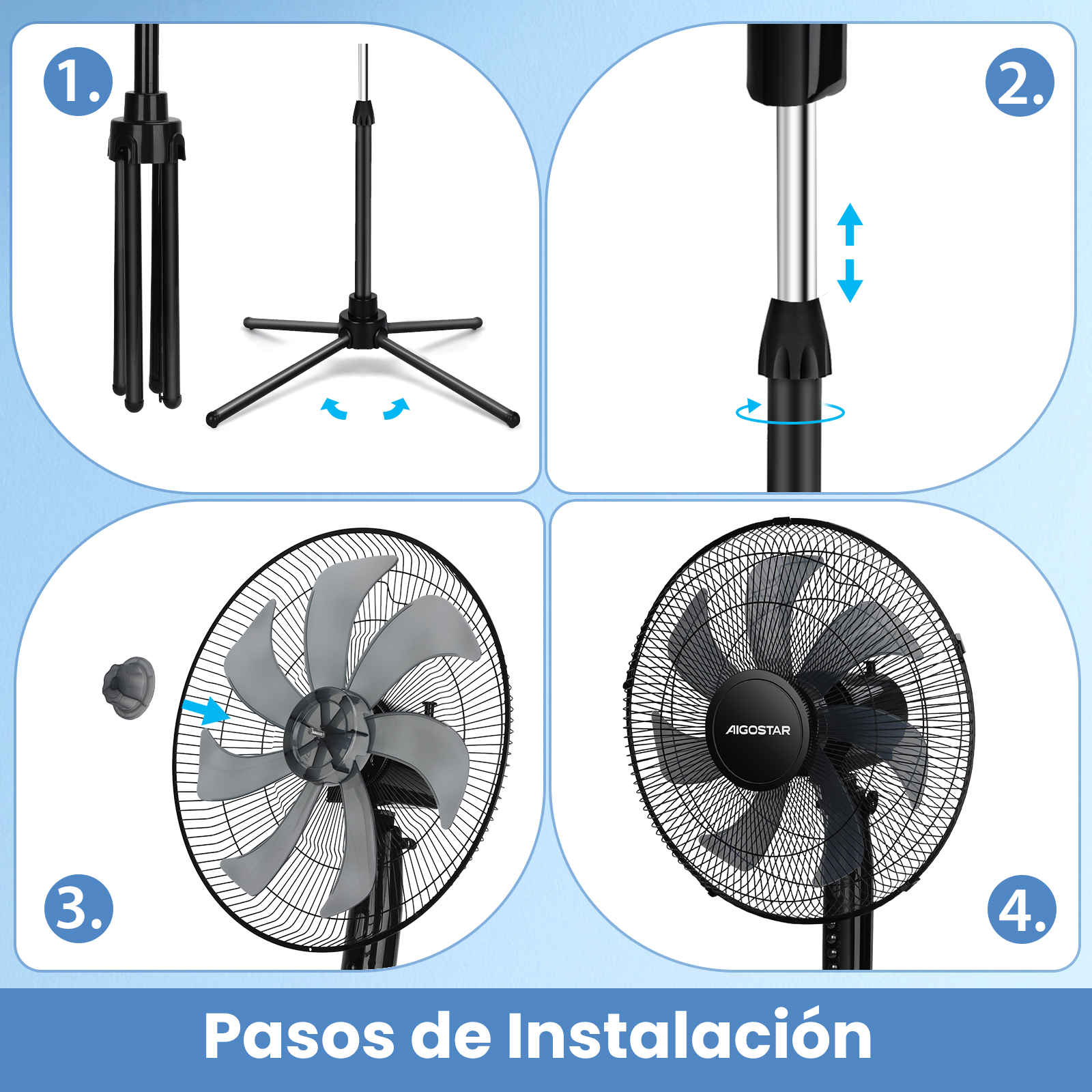 Instrucciones de montaje para un ventilador de pie en 4 pasos.