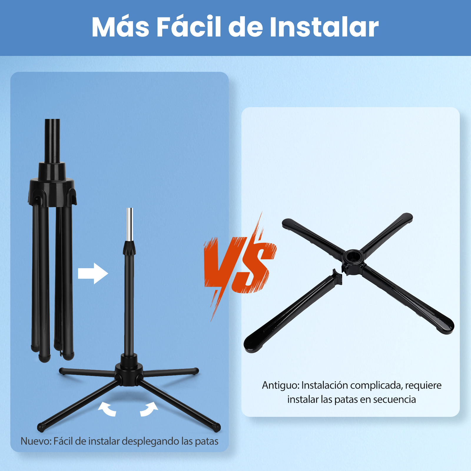 Comparación de dos bases de trípode: una fácil de montar, la otra compleja.