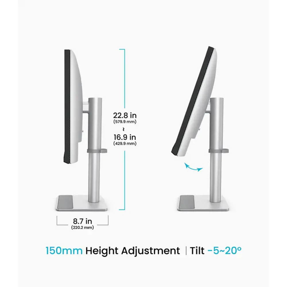 Ayarlanabilir kollu ve tabanlı gümüş renkli bir monitör standı. Boyutlar belirtilmiştir.