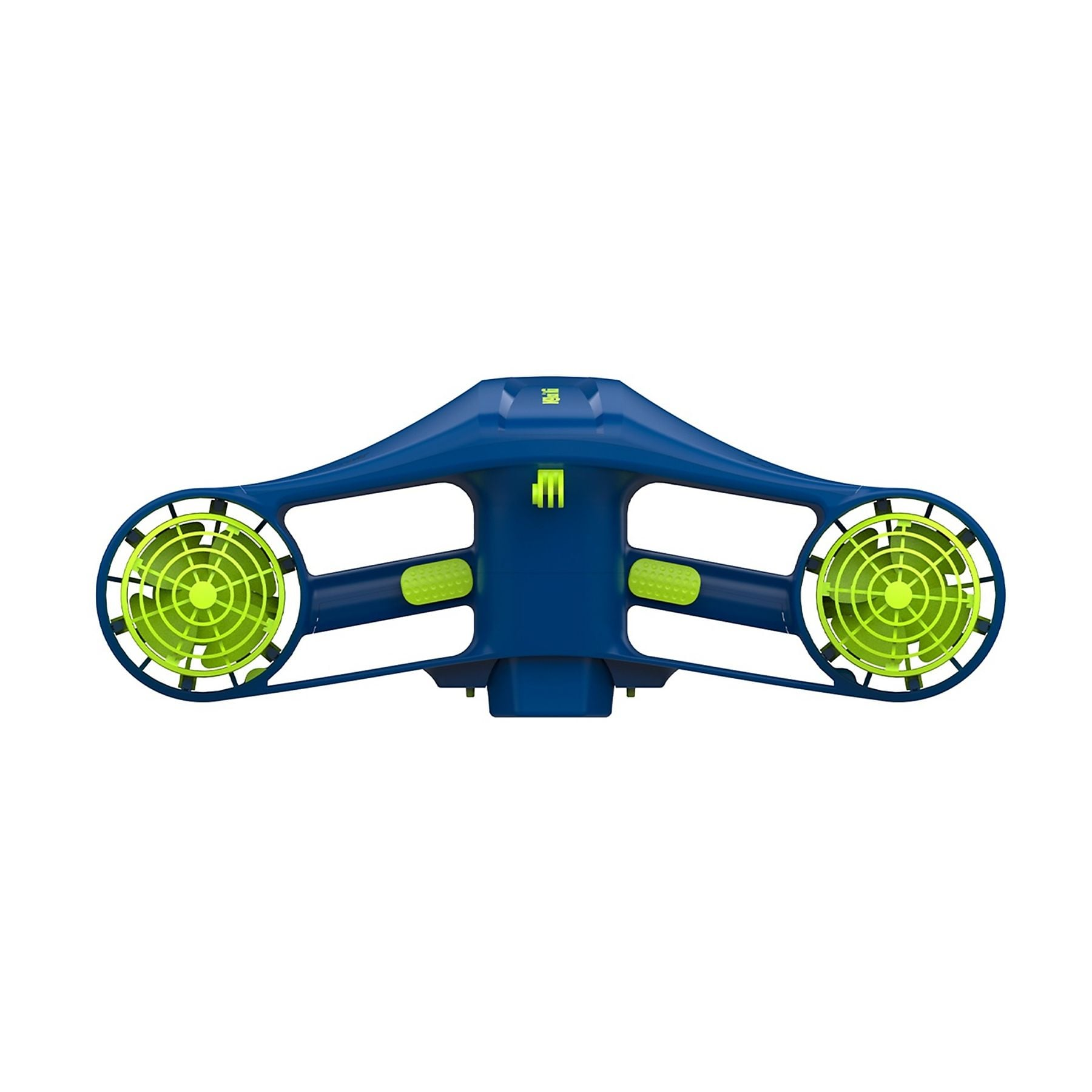 Un dispositivo blu con due eliche dotate di griglie verde neon. Ha una maniglia.