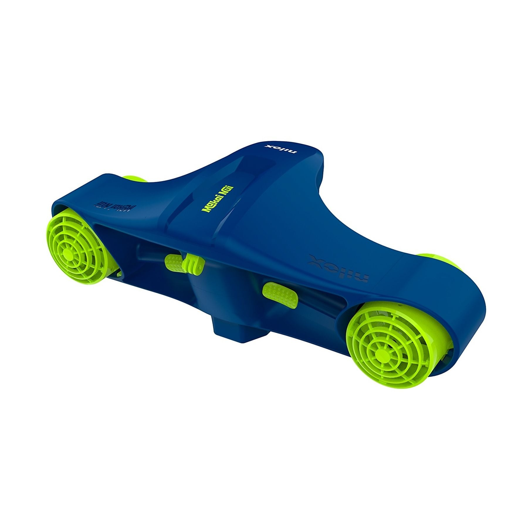 Un veicolo giocattolo blu con ruote e maniglie verde neon.