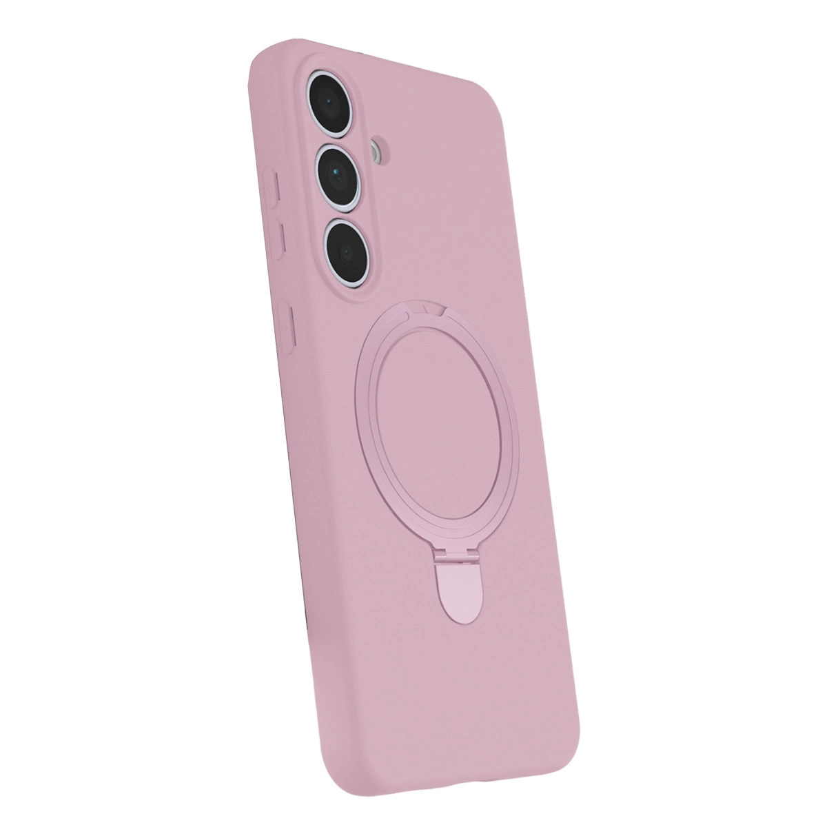 Üç kameralı ve halka tutuculu pembe telefon kılıfı.