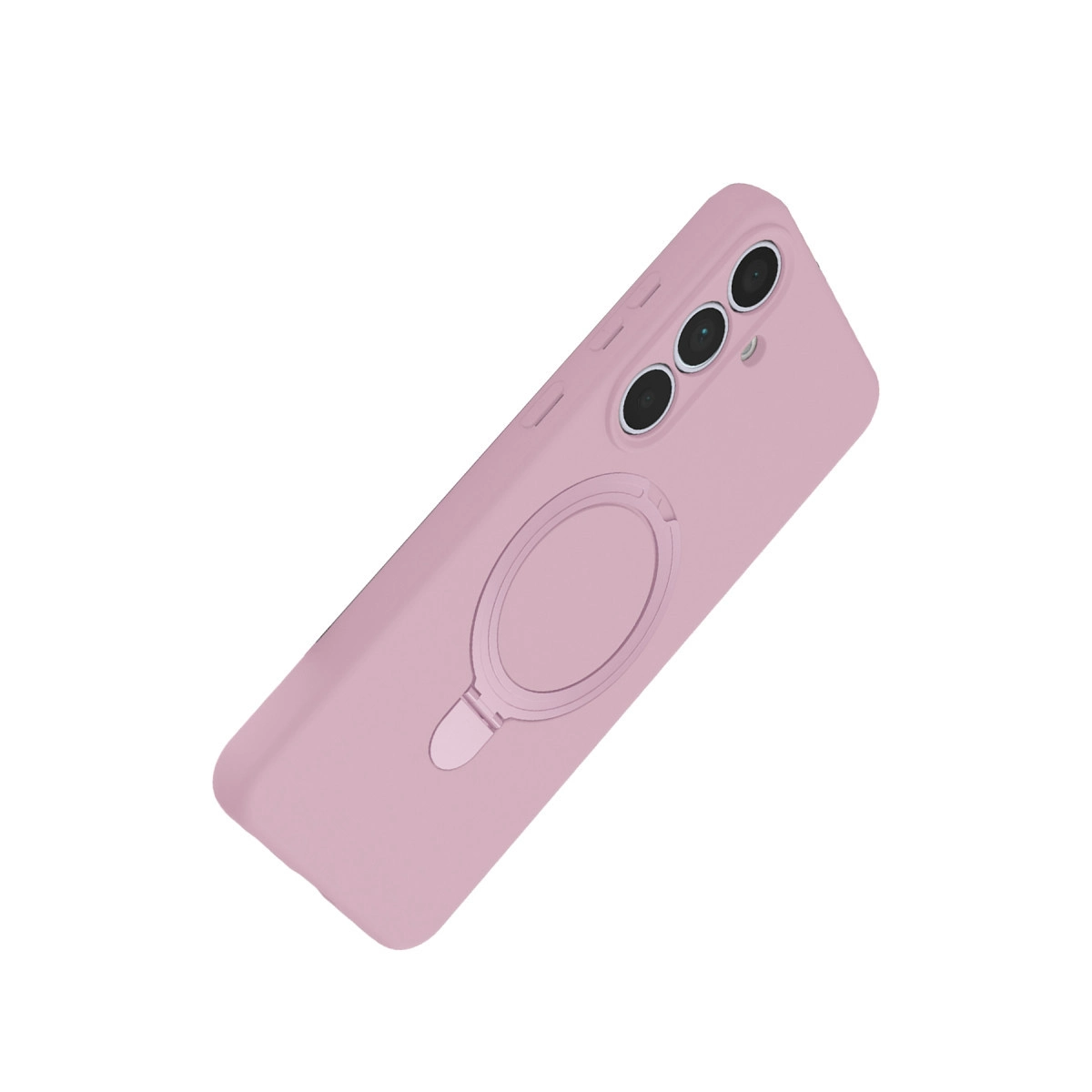 Halka tutuculu ve üçlü kamera kesimli açık pembe telefon kılıfı.