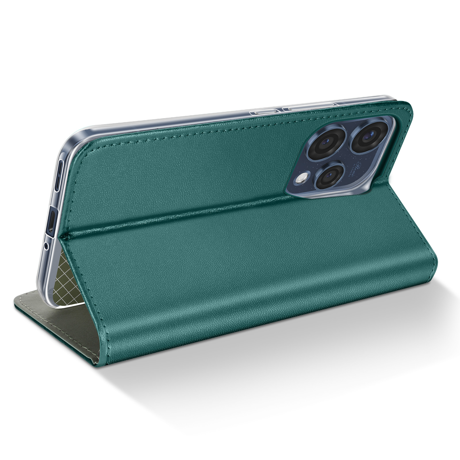 Een groene telefoon met open flip case, rustend op een witte ondergrond.
