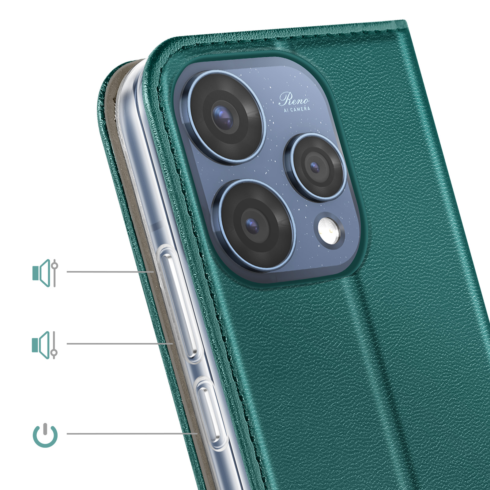 Groene telefoonhoes met camera, volume en aan/uit-knoppen.